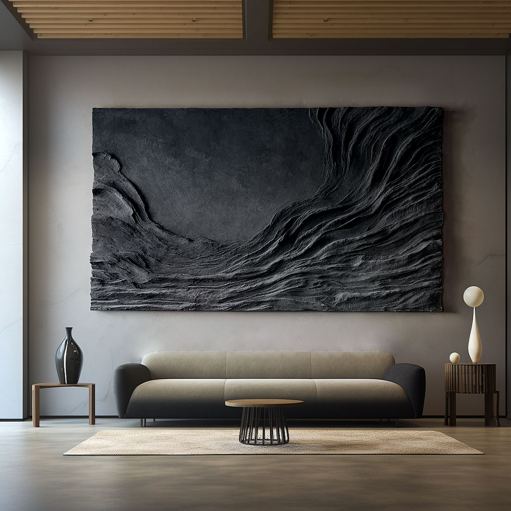 3D Abstract Wood Wall Art: Handmade Black Textured Sculpture