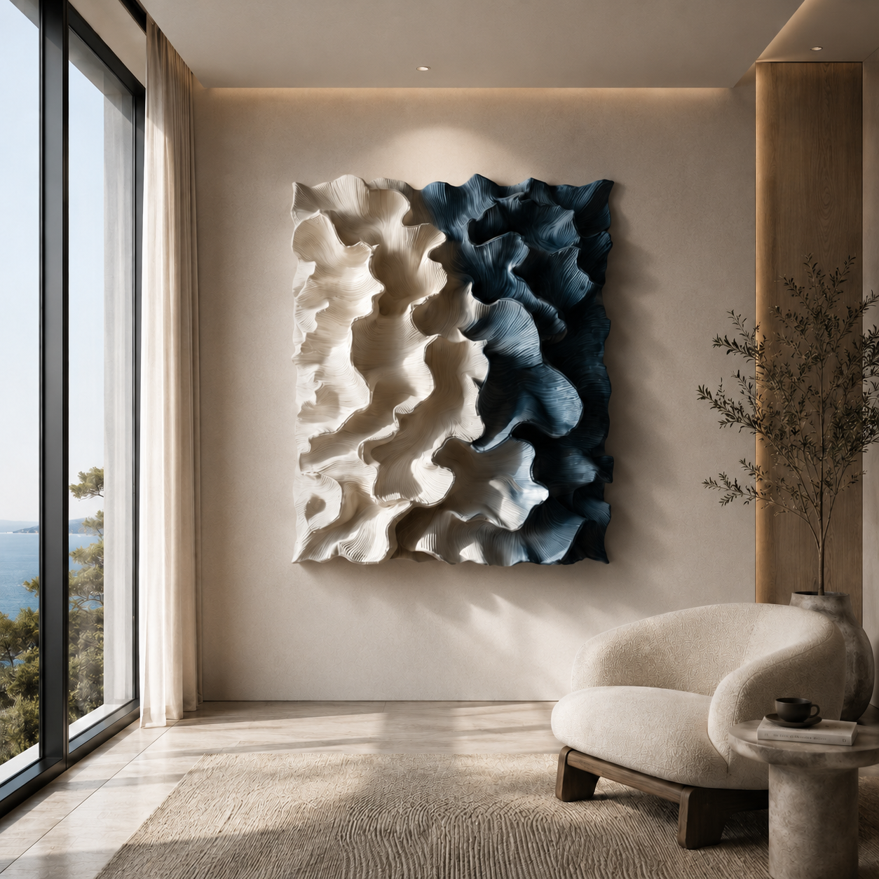 3D Wood Wall Art, Organic Modern Wall Sculpture, Blue Textured Wooden Artwork, Large Contemporary Decor