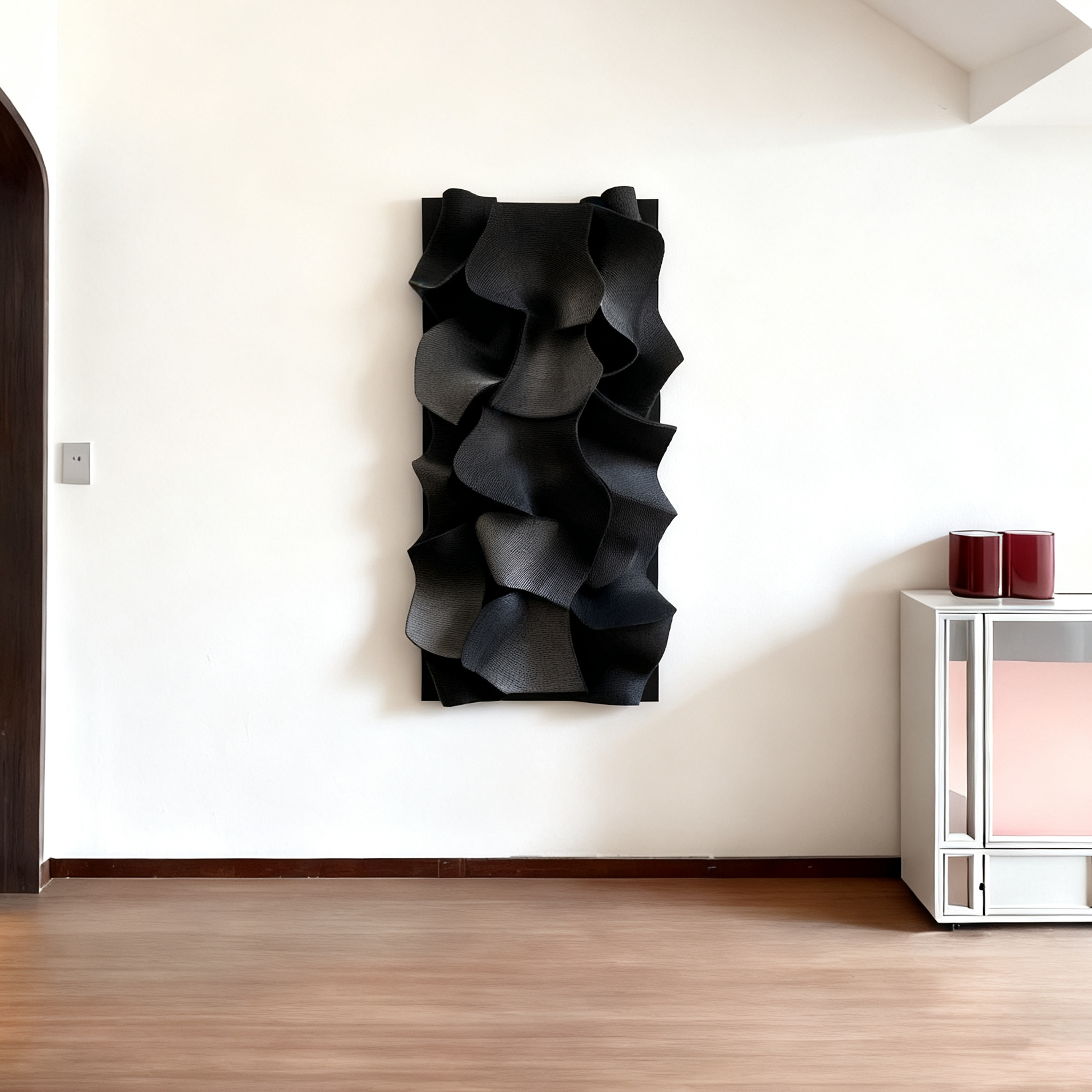 Black Leather 3D Wall Art Sculpture – Modern Textured Abstract Wall Decor for Living Room & Bedroom