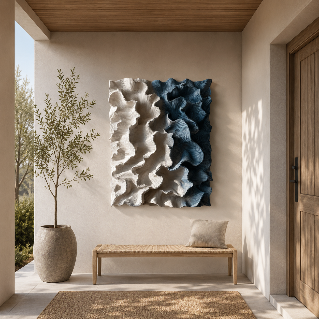3D Wood Wall Art, Organic Modern Wall Sculpture, Blue Textured Wooden Artwork, Large Contemporary Decor