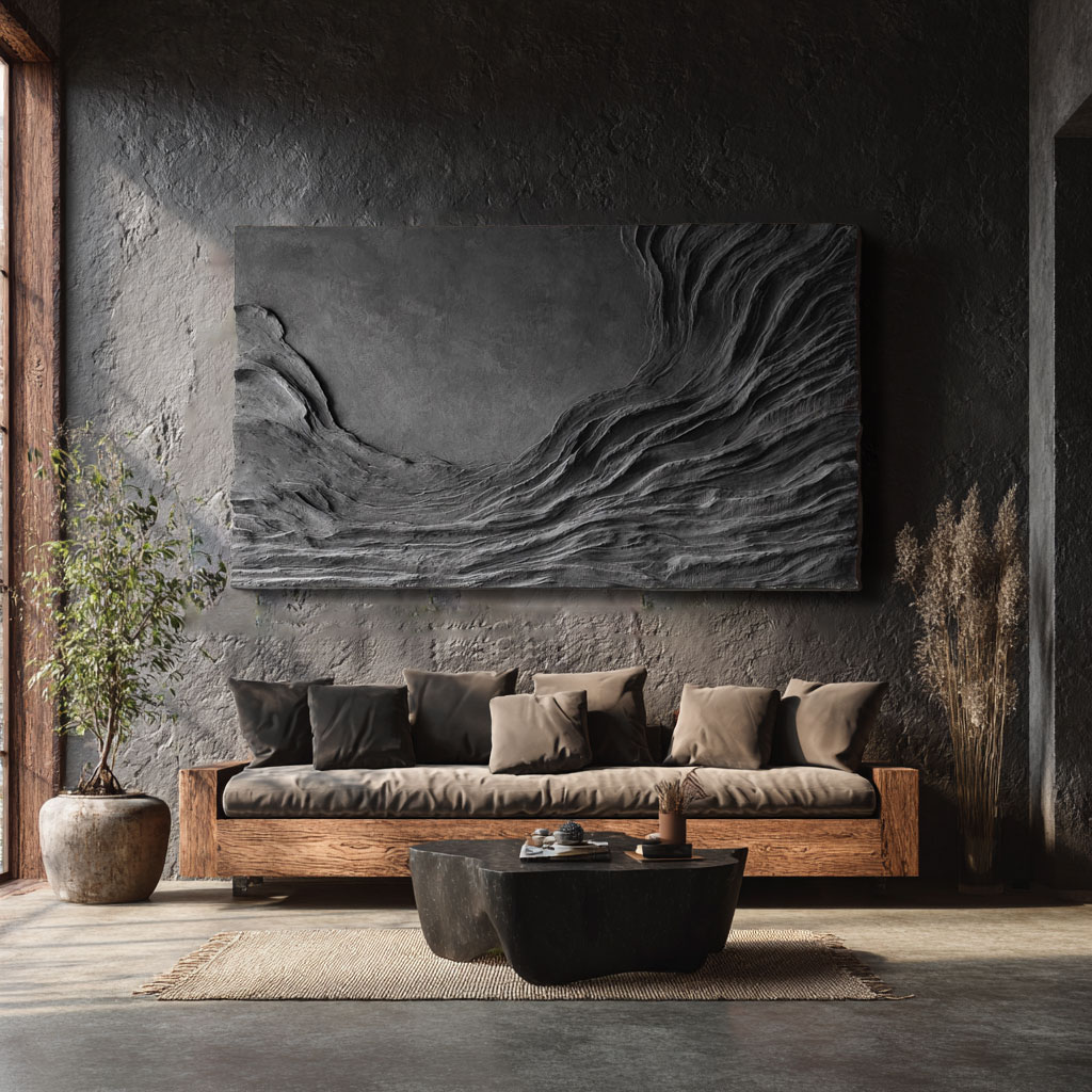 3D Abstract Wood Wall Art: Handmade Black Textured Sculpture