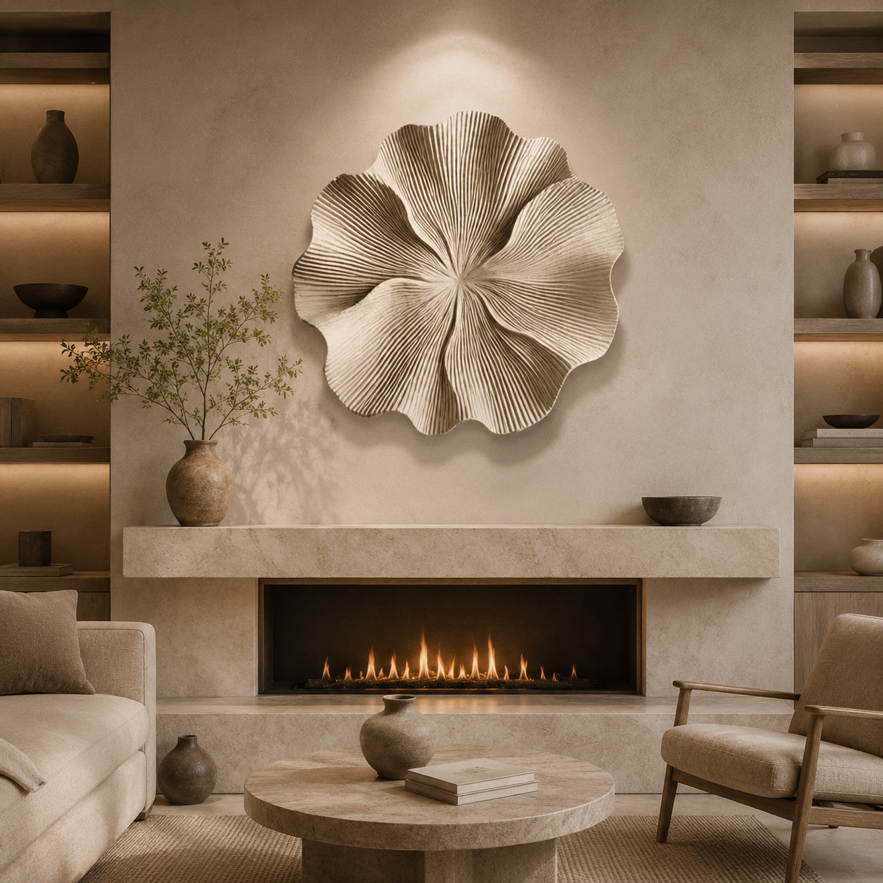 Large 3D Wood Wall Art, Organic Flower Wood Sculpture, Modern Textured Wall Decor, Japandi Minimalist Handmade Artwork