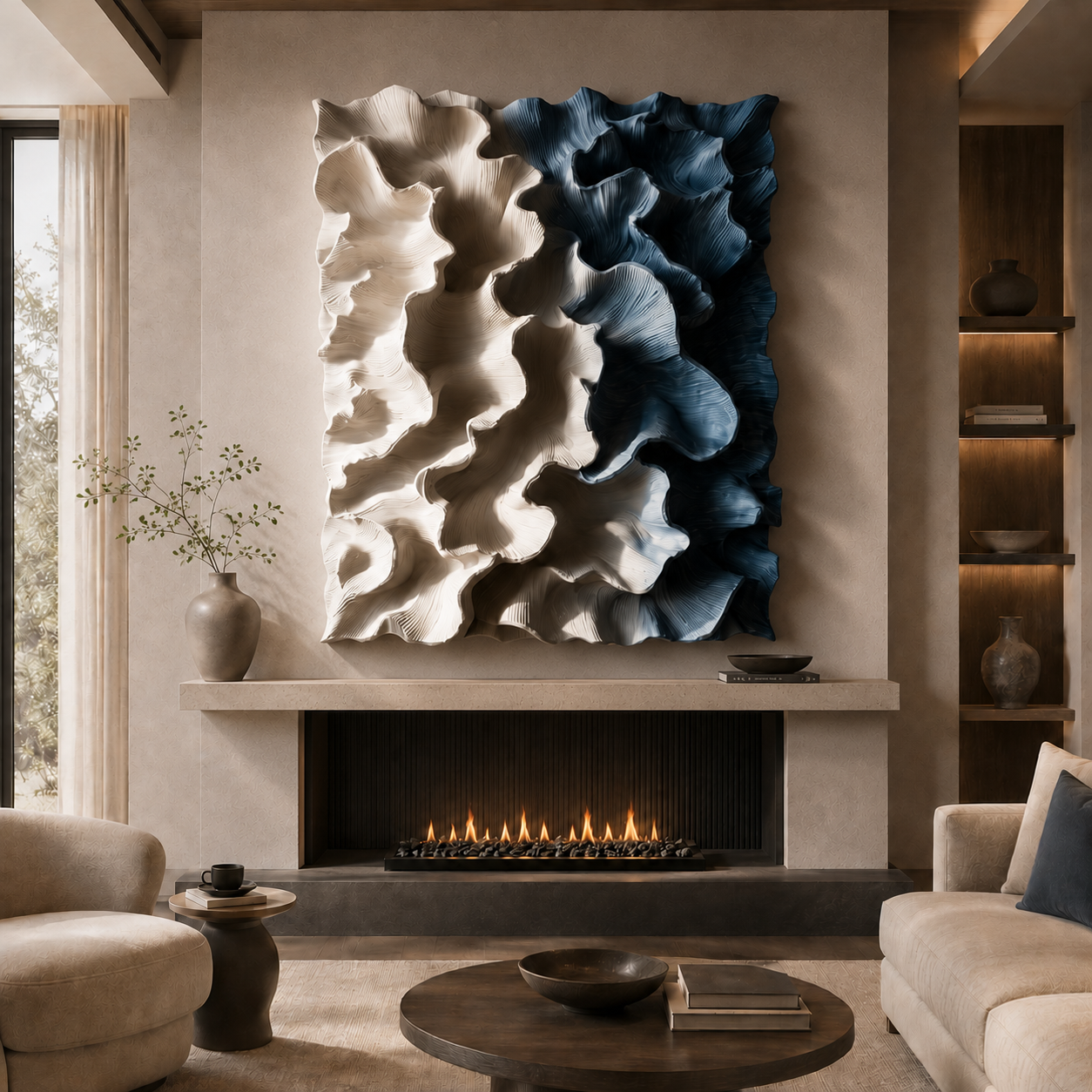 3D Wood Wall Art, Organic Modern Wall Sculpture, Blue Textured Wooden Artwork, Large Contemporary Decor