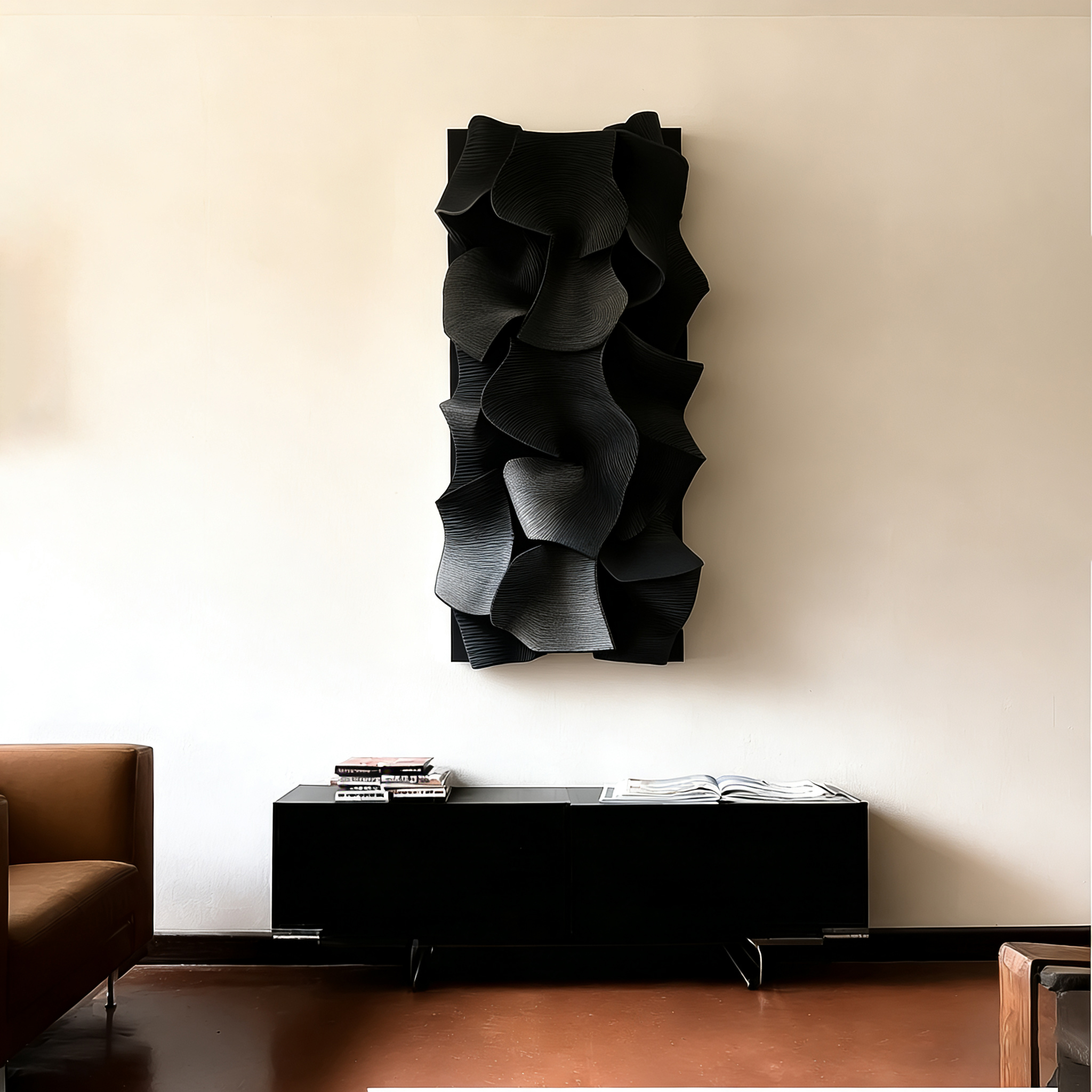 Black Leather 3D Wall Art Sculpture – Modern Textured Abstract Wall Decor for Living Room & Bedroom