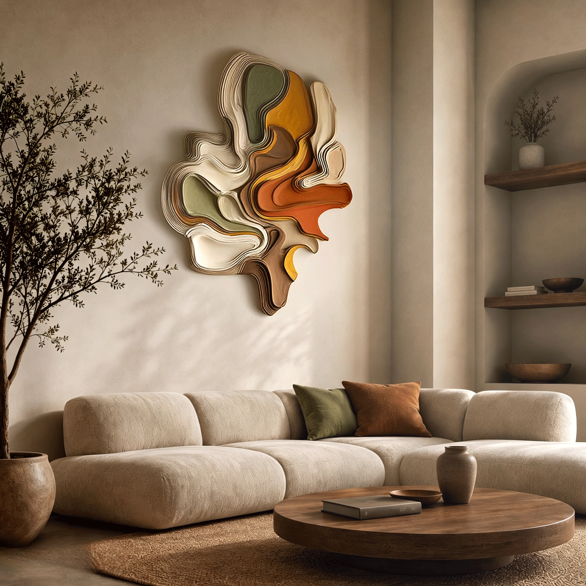 Large Abstract Wood Wall Art, 3D Wooden Wall Sculpture, Modern Organic Wall Decor, Minimalist Artwork, Textured Neutral Living Room Decor