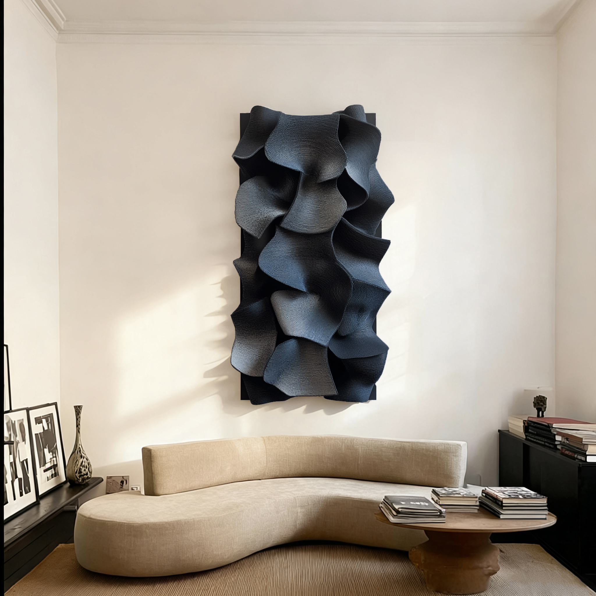 Black Leather 3D Wall Art Sculpture – Modern Textured Abstract Wall Decor for Living Room & Bedroom