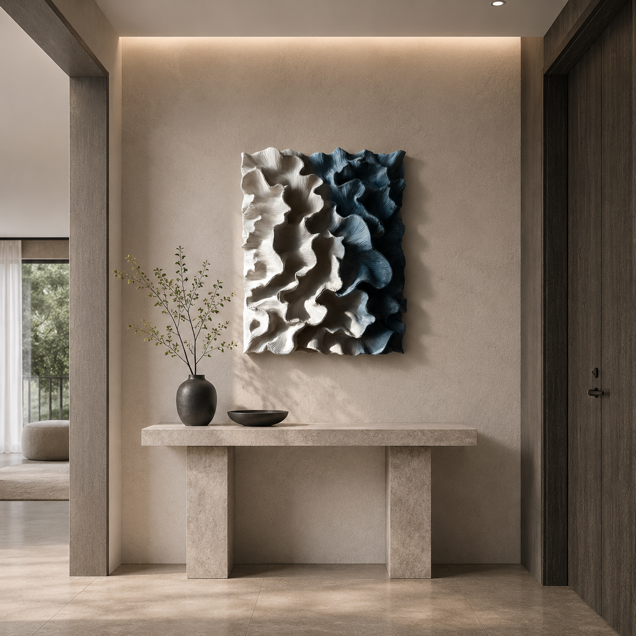 3D Wood Wall Art, Organic Modern Wall Sculpture, Blue Textured Wooden Artwork, Large Contemporary Decor