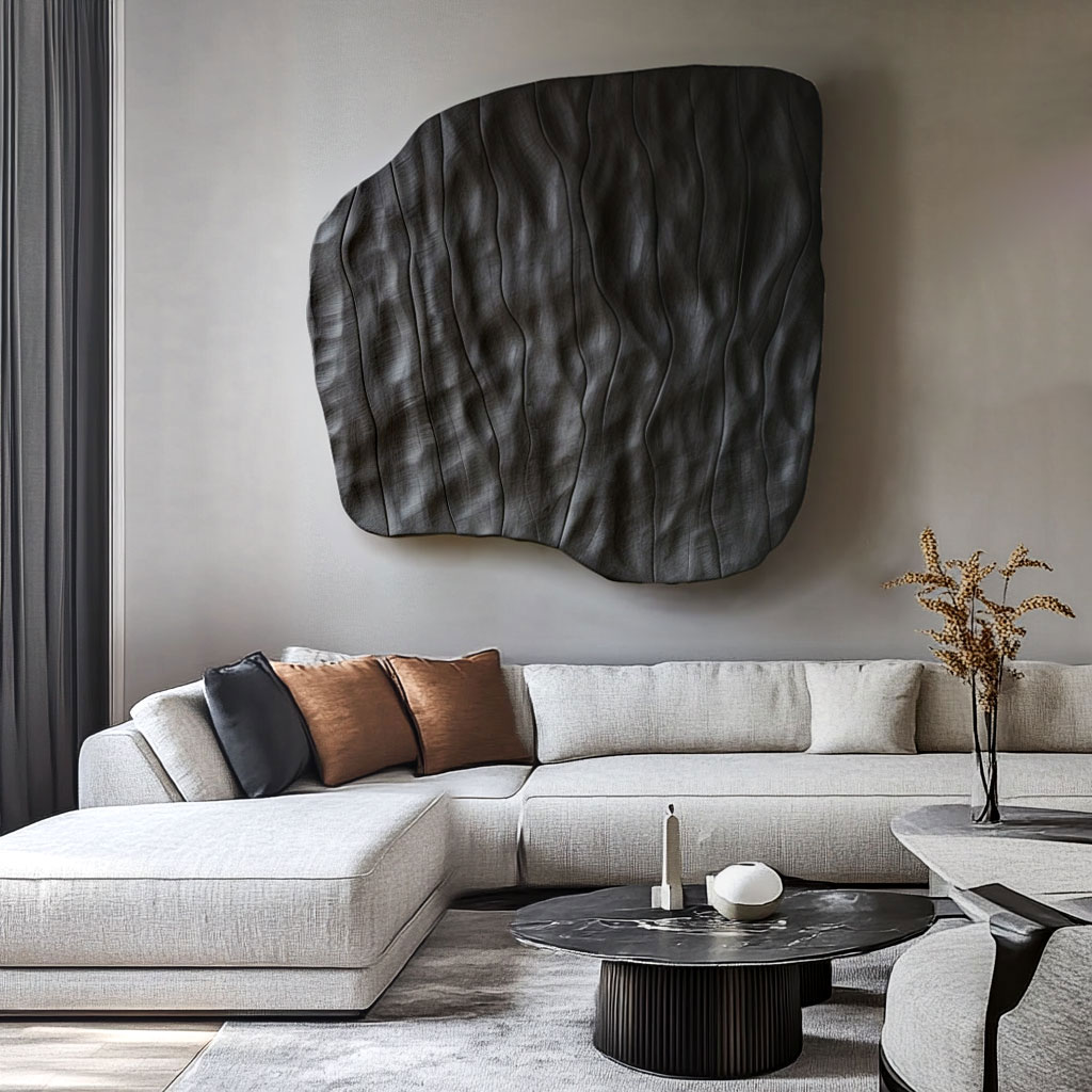 Hand Carved Wood Wall Art: Dark Textured Modern Sculpture