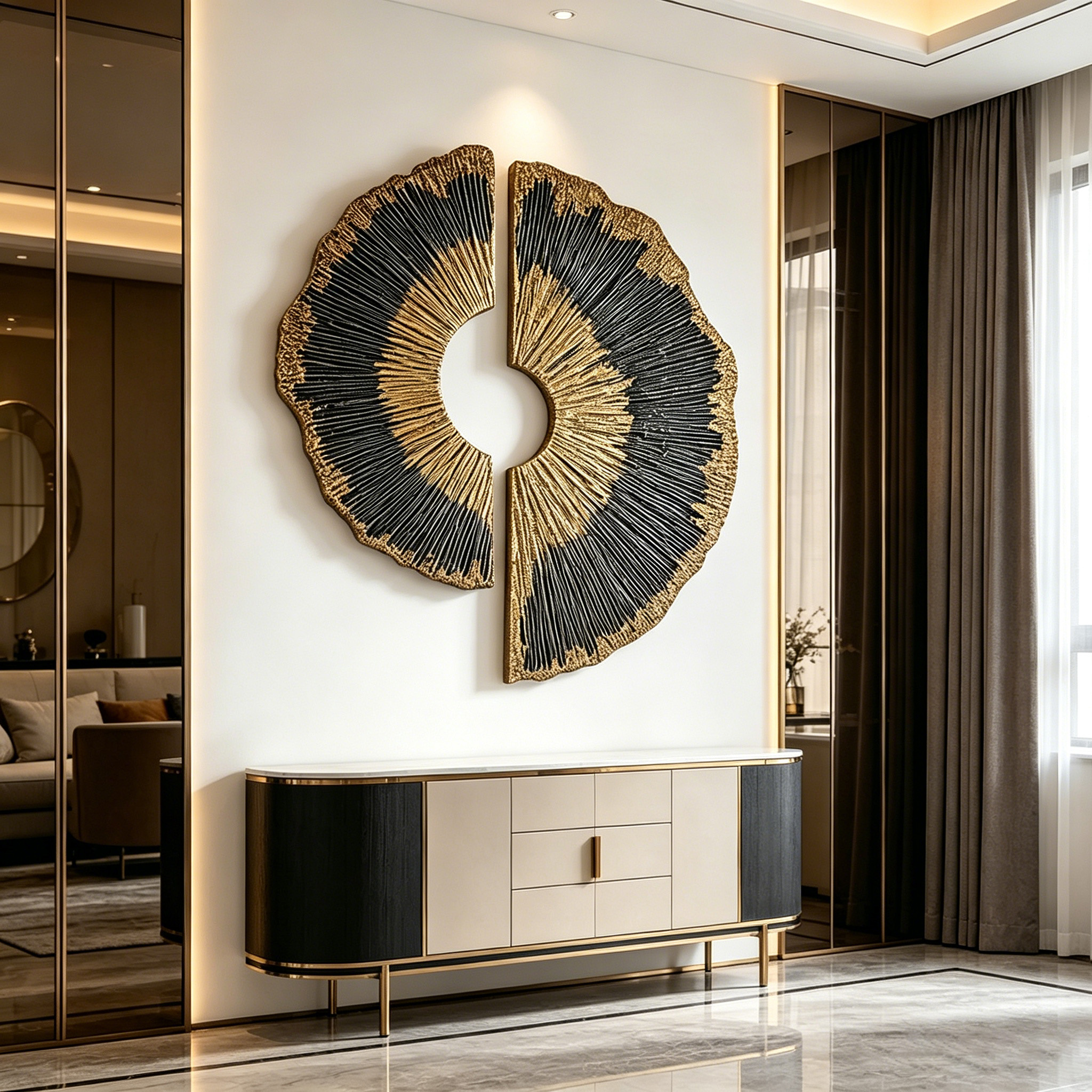 Large Wood Wall Art, 3D Gold Black Wood Sculpture, Abstract Round Wall Decor, Wabi Sabi Textured Artwork, Luxury Modern Wall Art
