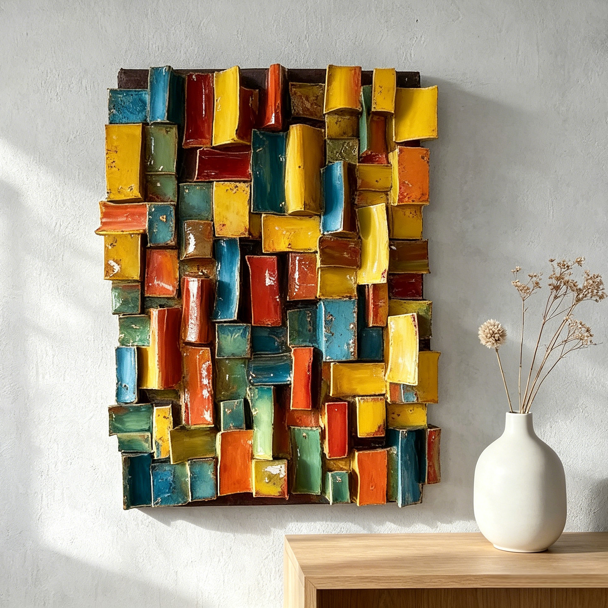 Modern Ceramic Wall Art, Textured Abstract Wall Sculpture, Handmade Colorful Tile Wall Decor, 3D Geometric Wall Hanging, Unique Home Accent