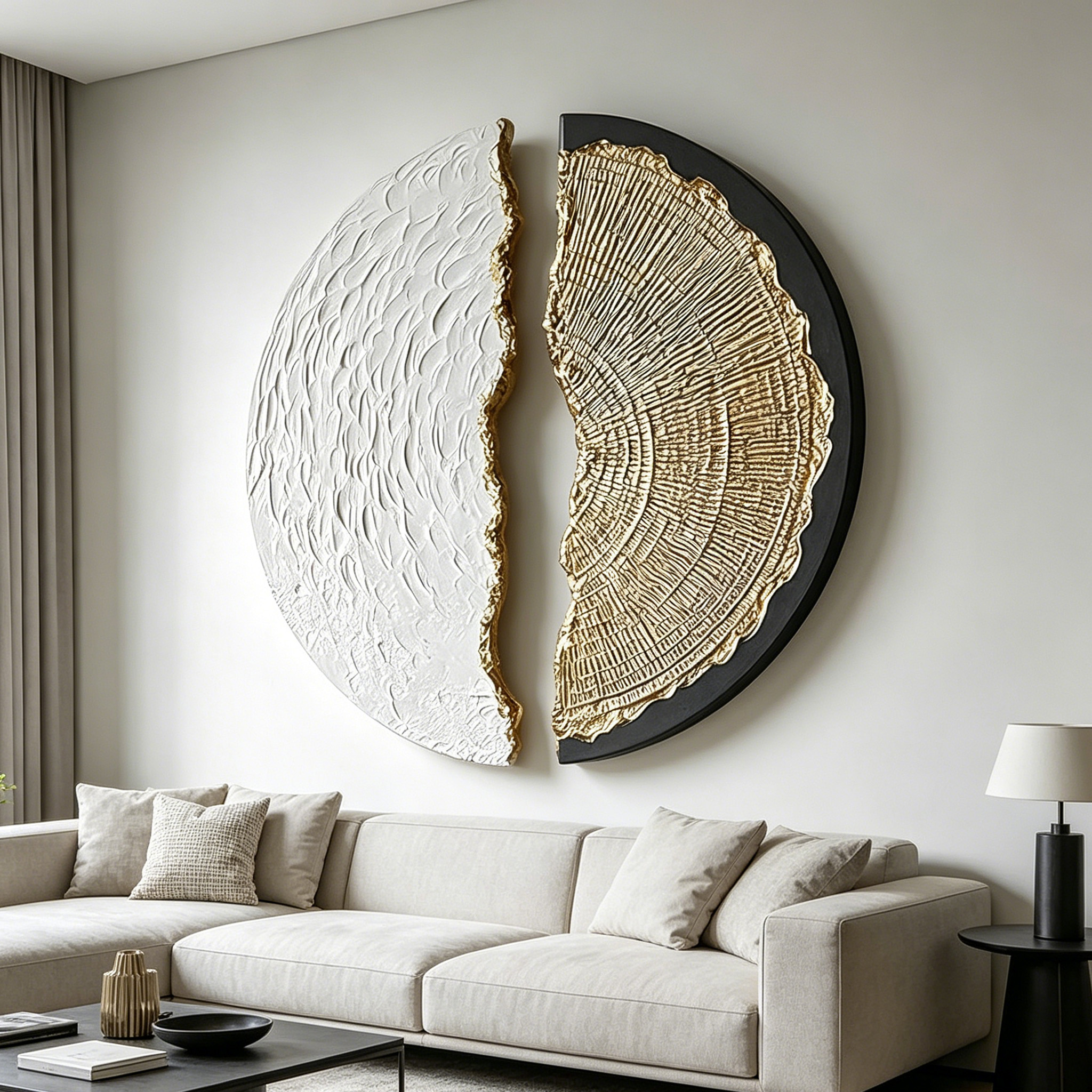 Abstract Wood Wall Art, 3D Half Moon Wood Sculpture, Wabi Sabi Wall Decor, Gold Black Textured Artwork, Modern Luxury Wall Art