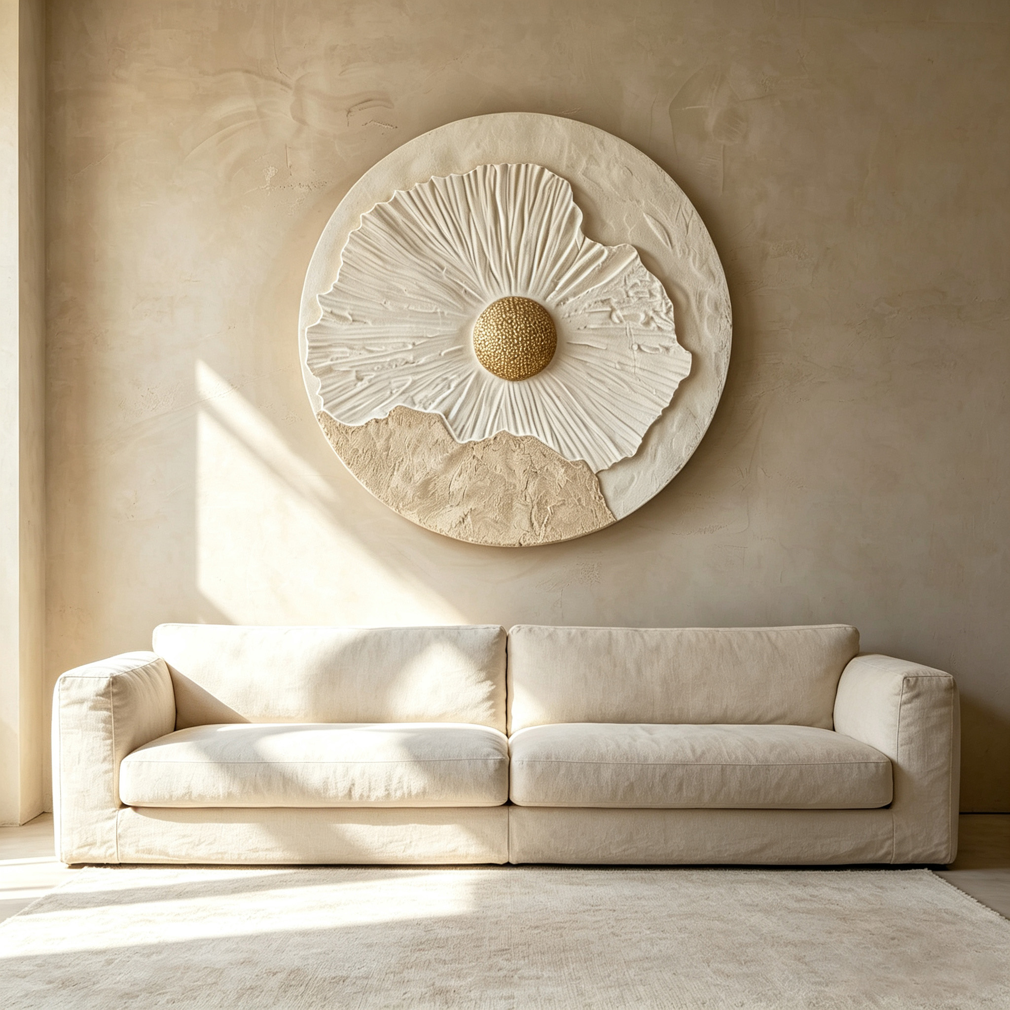 3D Floral Wood Wall Art, Round Botanical Relief Sculpture, Wabi Sabi Wall Decor, Neutral Textured Art, Gold Flower Wall Decor