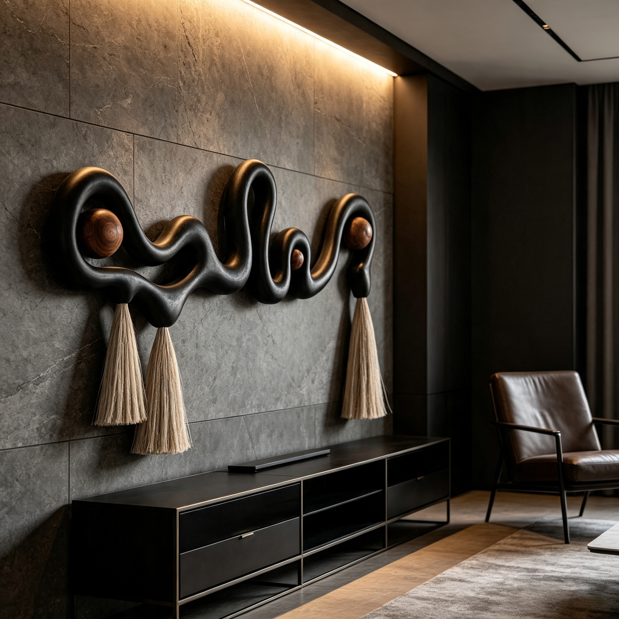 Abstract Wood Wall Art, Black Organic Modern Sculptural Decor with Tassels
