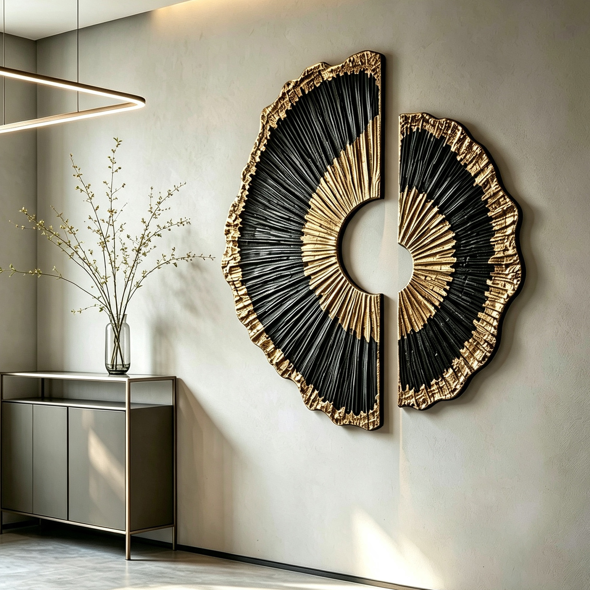 Black Gold Wood Wall Art, 3D Sunburst Wall Sculpture, Organic Modern Abstract Wood Decor, Textured Luxury Statement Wall Art