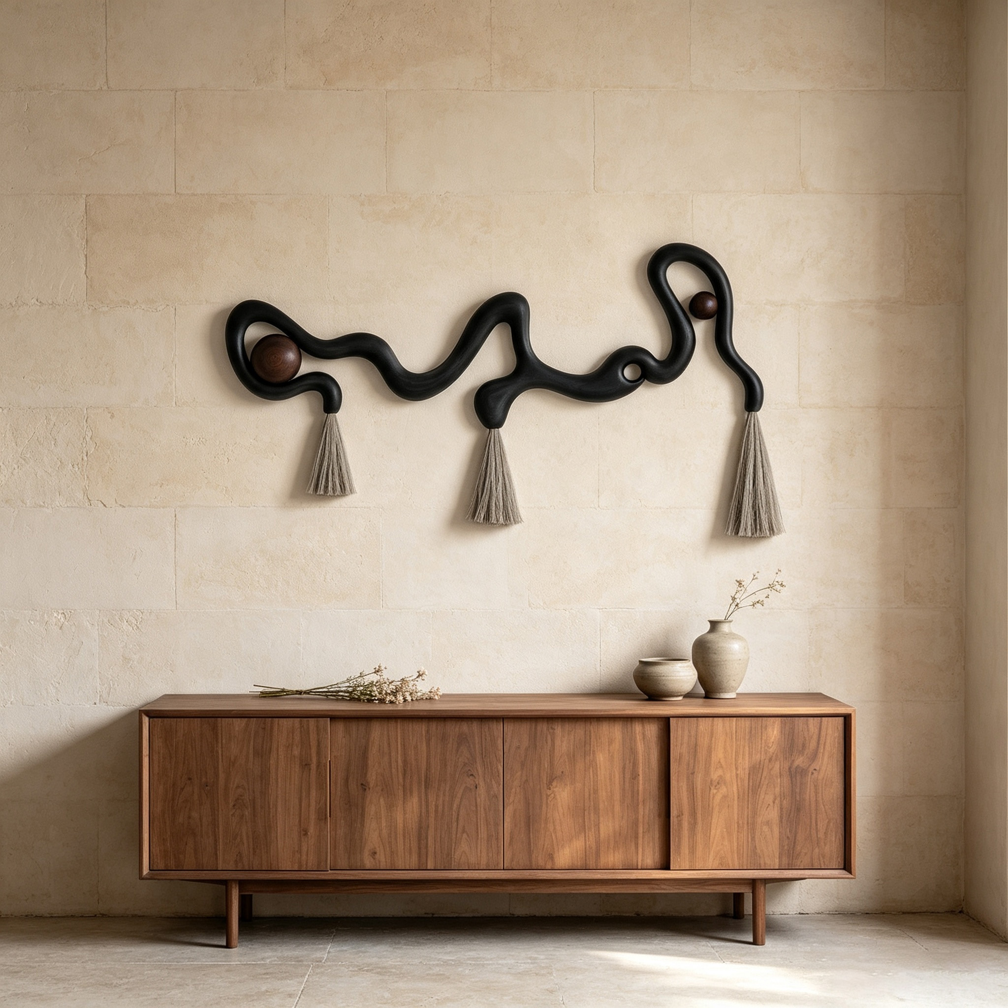 Sculptural Organic Wall Hanging | Dark Wood Wavy Art with Macrame Tassels & Beads | Abstract Boho Wall Decor | Modern Entryway Accent