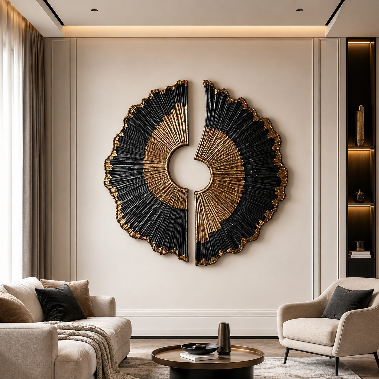 Black Gold Wood Wall Art, 3D Sunburst Wall Sculpture, Abstract Organic Modern Wood Decor, Luxury Textured Statement Wall Art