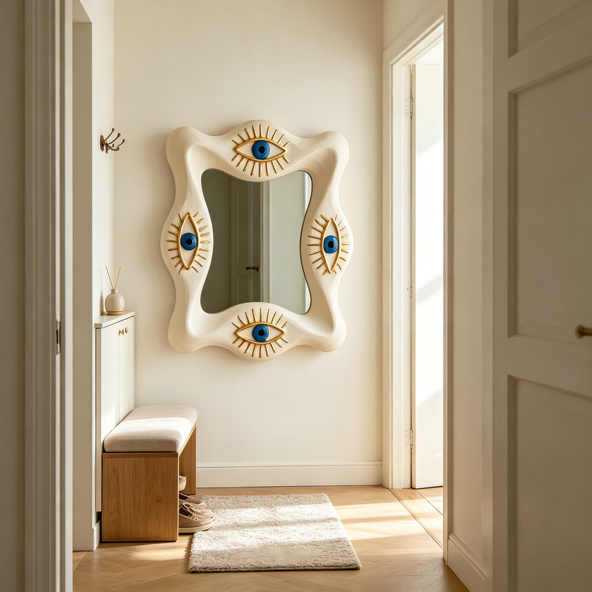 Evil Eye Wall Mirror, Wavy Wood Mirror, Sculptural Organic Mirror, All Seeing Eye Decor, Unique Statement Wall Art, Mystical Home Decor