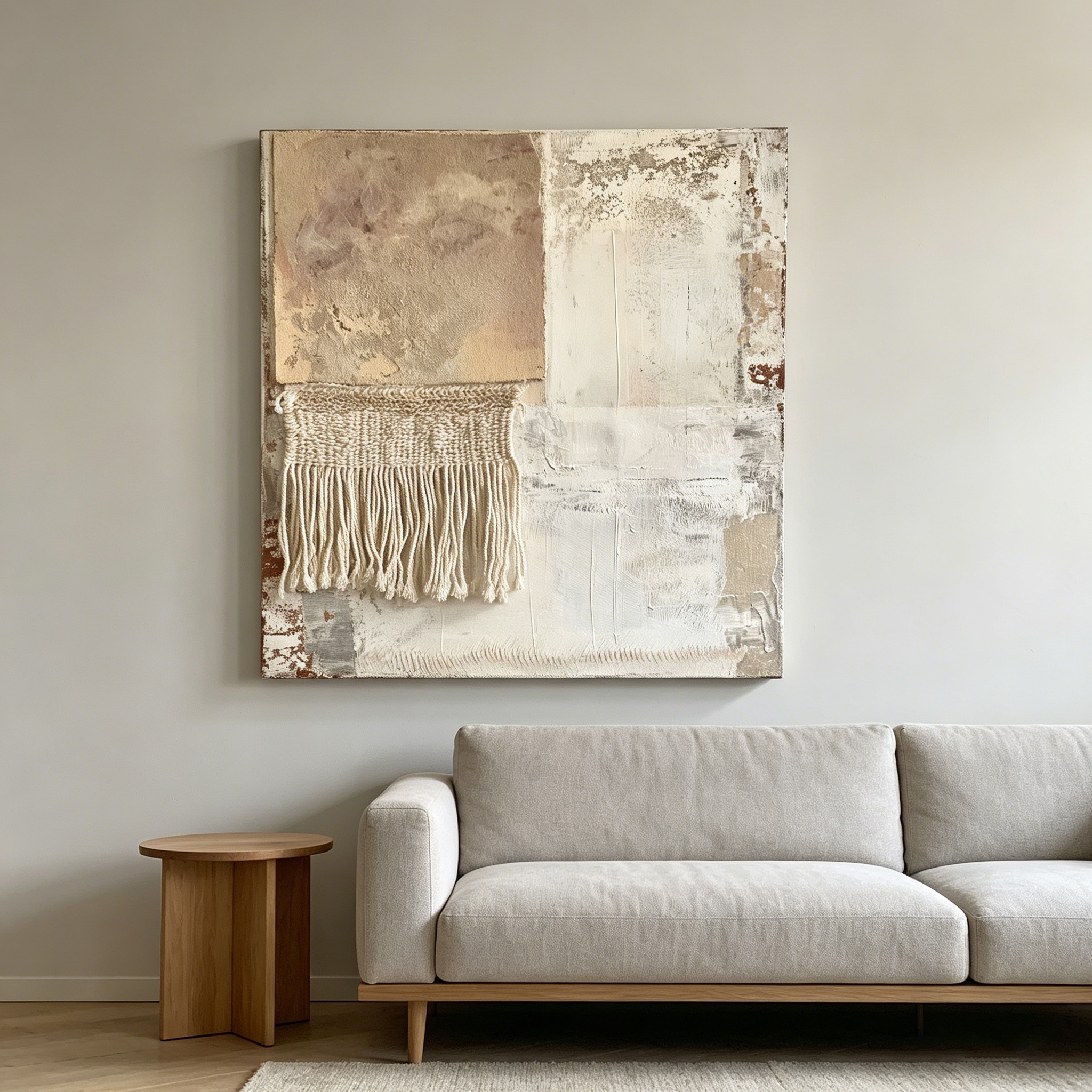Neutral Textured Wall Art with Fiber Fringe, Handmade Mixed Media Canvas, Boho Minimalist Wall Decor Beige Abstract Art