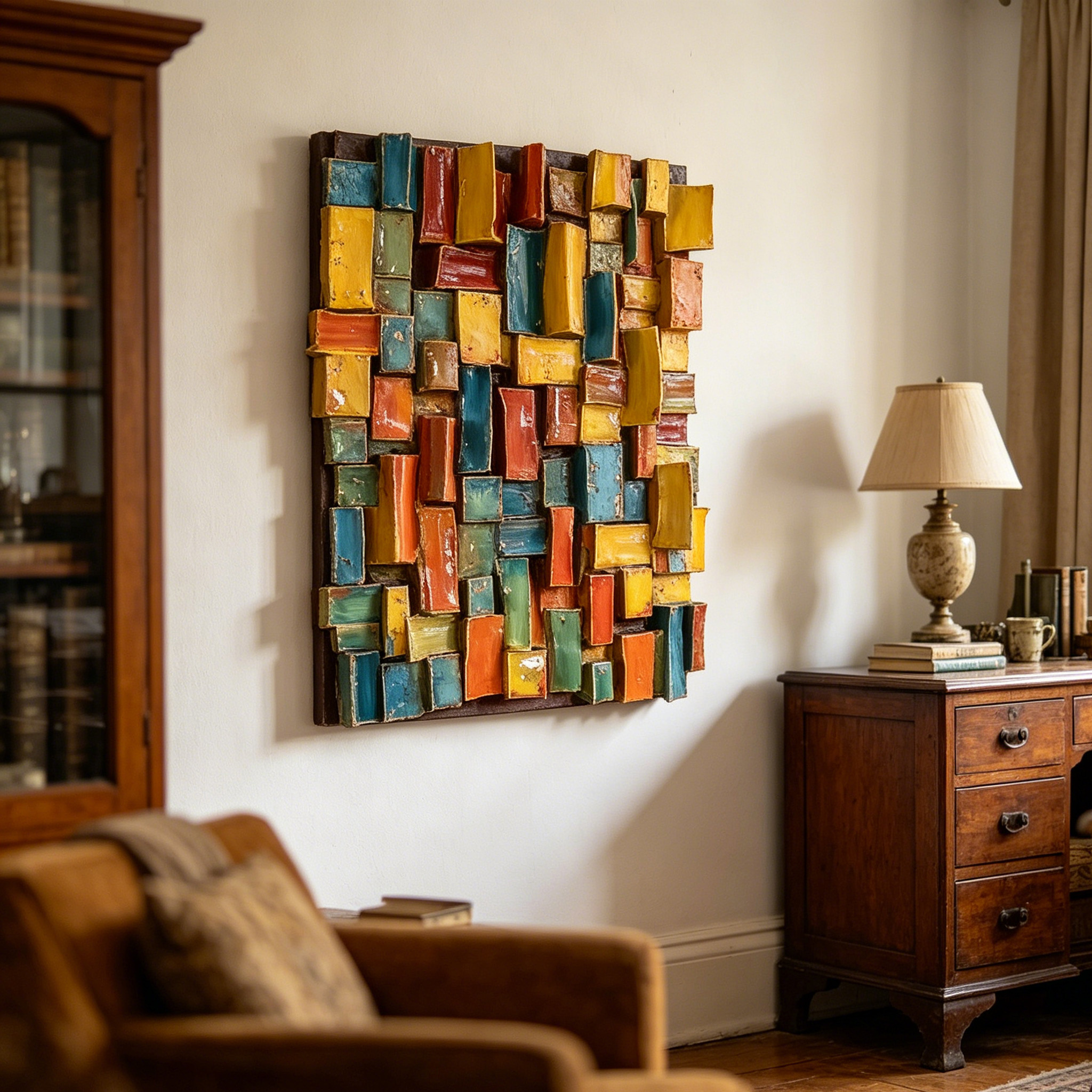 Modern Ceramic Wall Art, Textured Abstract Wall Sculpture, Handmade Colorful Tile Wall Decor, 3D Geometric Wall Hanging, Unique Home Accent