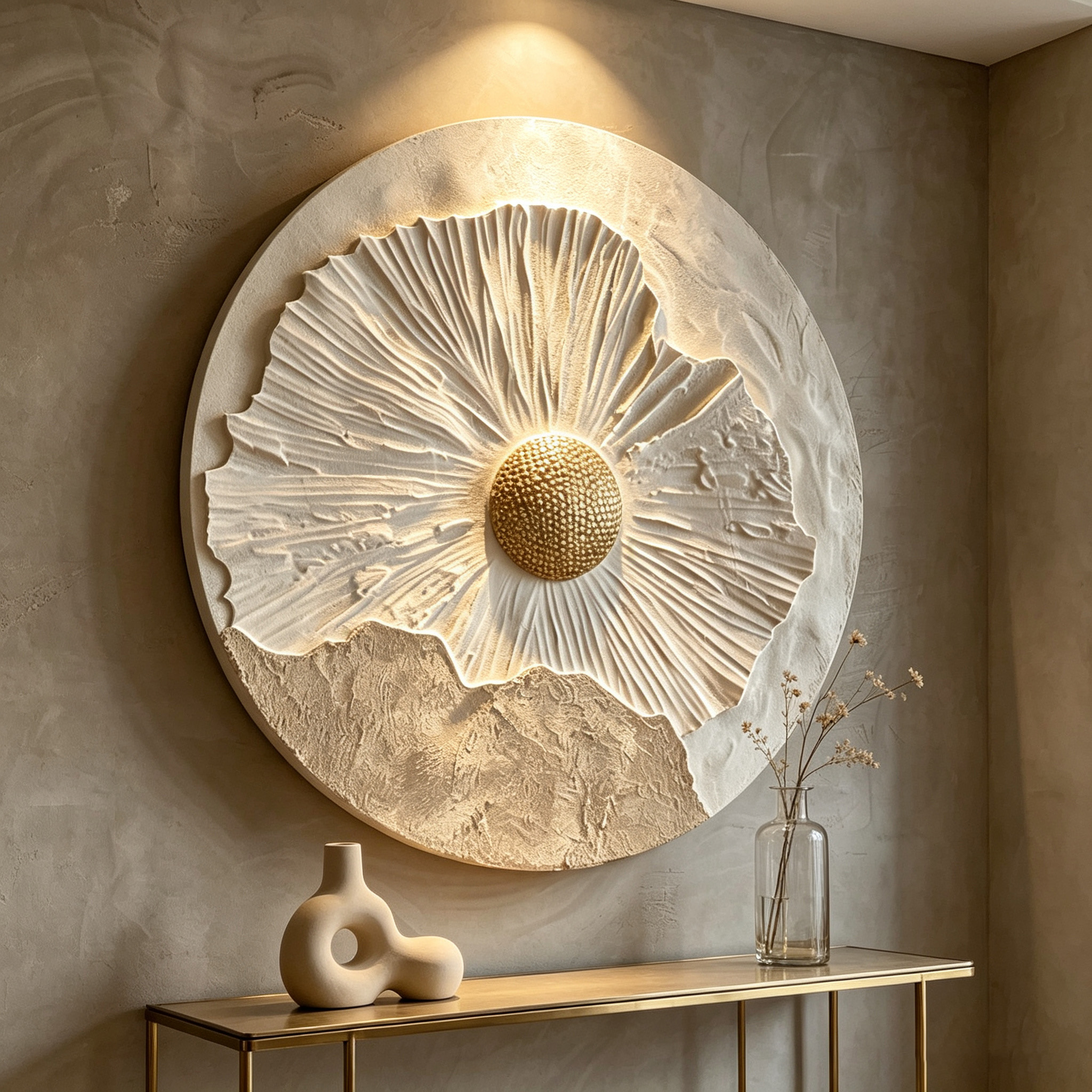 3D Floral Wood Wall Art, Round Botanical Relief Sculpture, Wabi Sabi Wall Decor, Neutral Textured Art, Gold Flower Wall Decor
