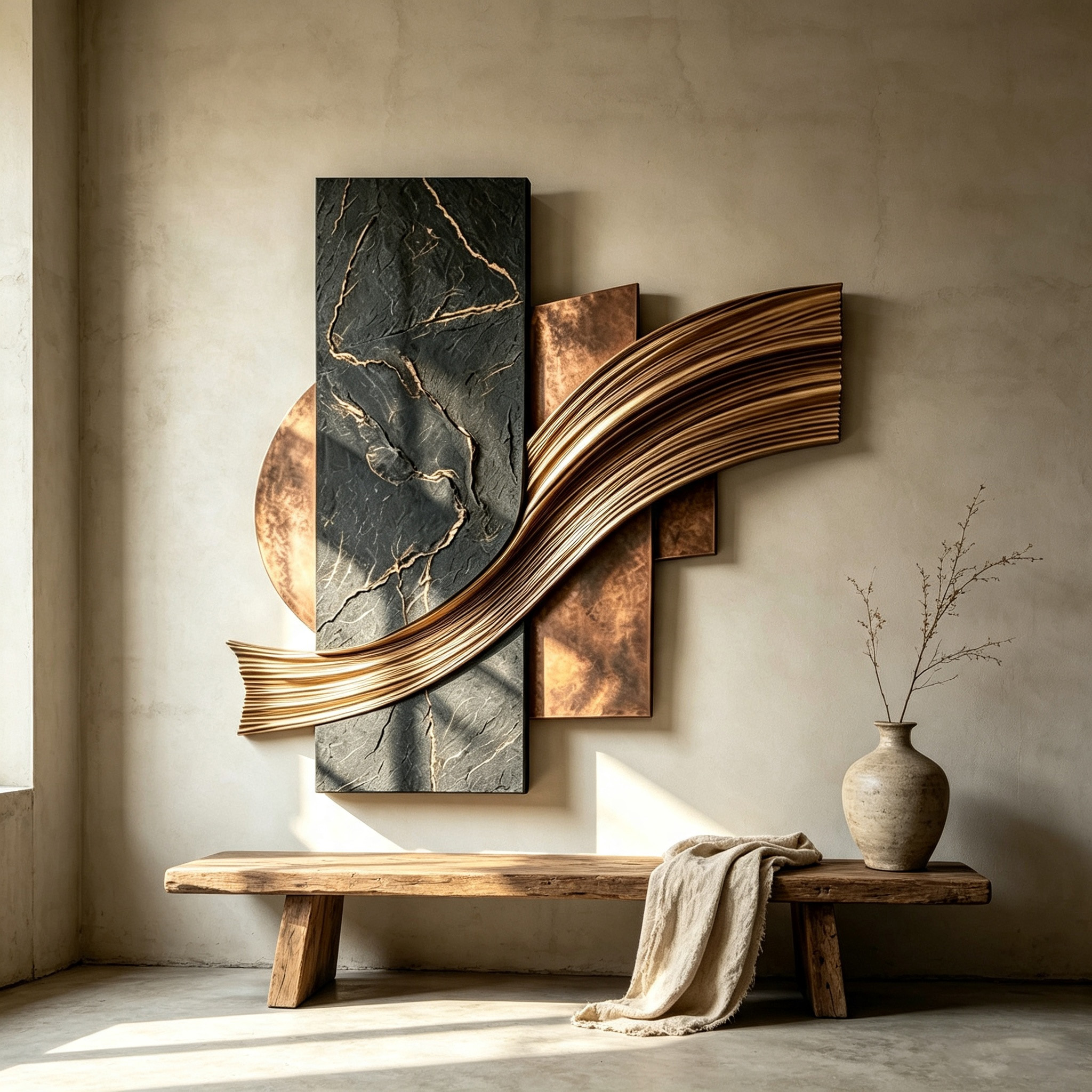 3D Wood Wall Art, Abstract Geometric Wall Sculpture, Gold Wave Wood Decor, Organic Modern Luxury Statement Wall Art