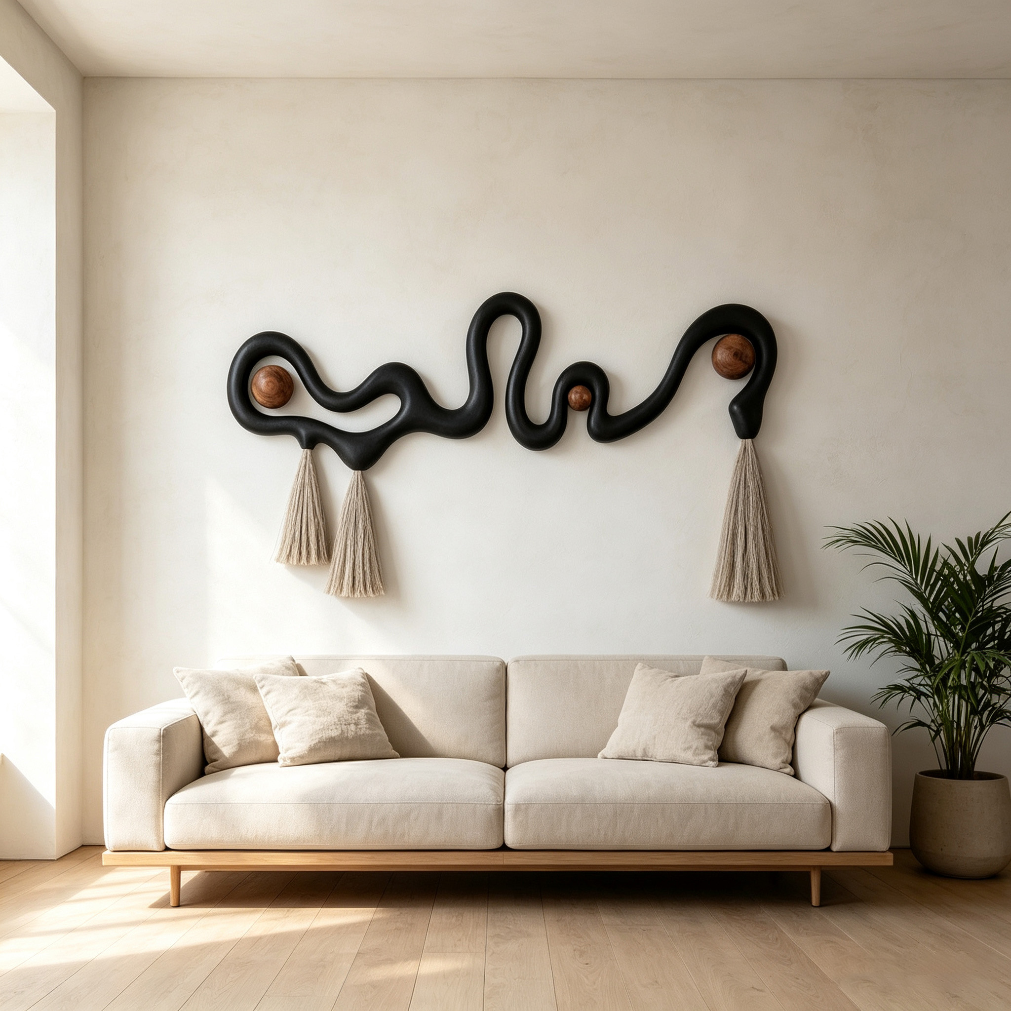 Abstract Wood Wall Art, Black Organic Modern Sculptural Decor with Tassels