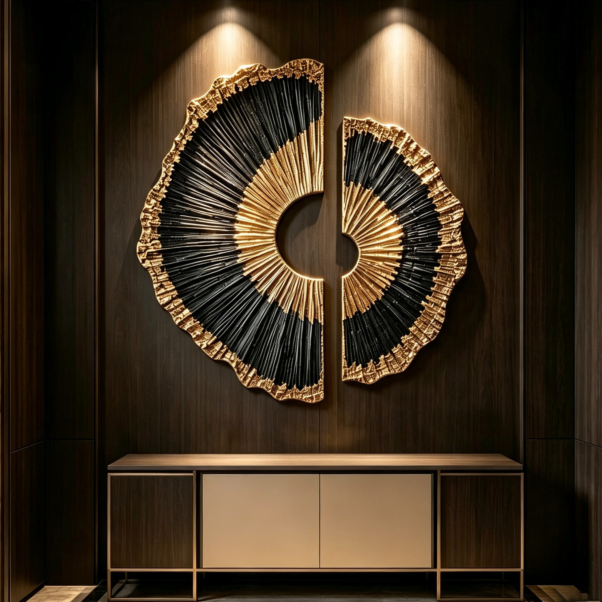 Black Gold Wood Wall Art, 3D Sunburst Wall Sculpture, Organic Modern Abstract Wood Decor, Textured Luxury Statement Wall Art