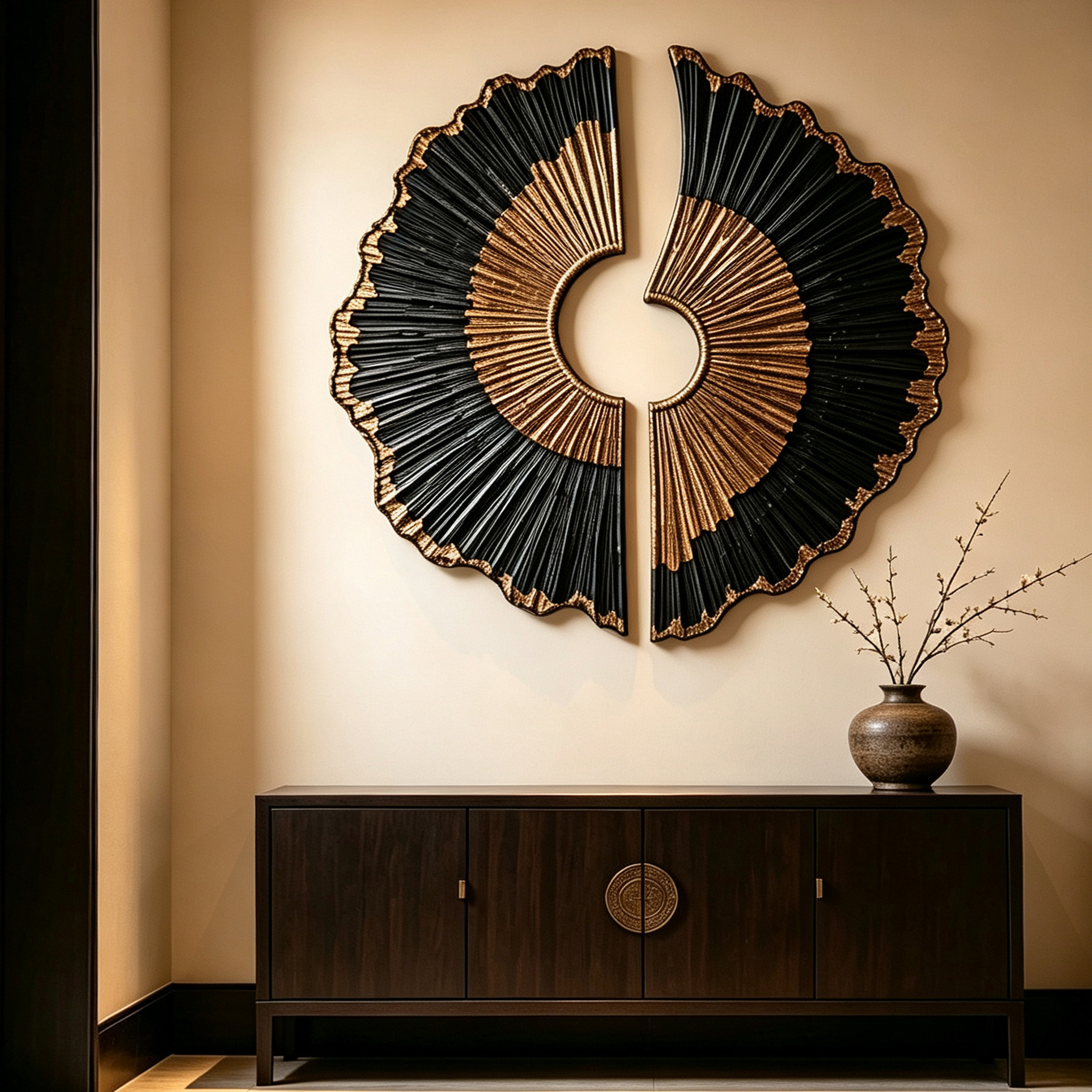 Black Gold Wood Wall Art, 3D Sunburst Wall Sculpture, Abstract Organic Modern Wood Decor, Luxury Textured Statement Wall Art