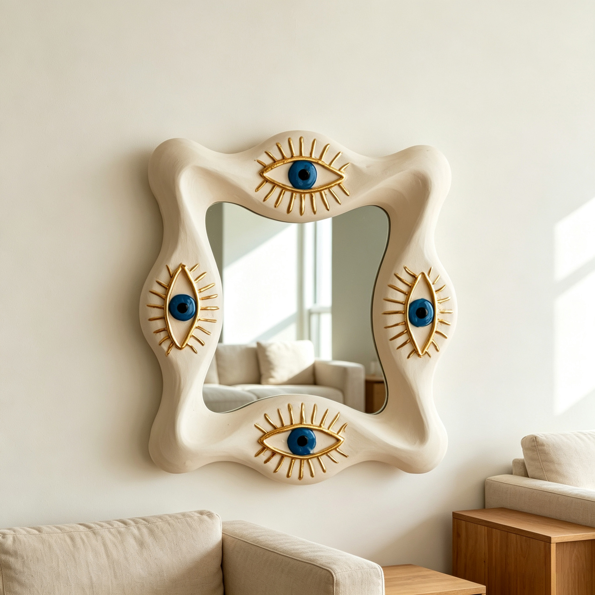Evil Eye Wall Mirror, Wavy Wood Mirror, Sculptural Organic Mirror, All Seeing Eye Decor, Unique Statement Wall Art, Mystical Home Decor