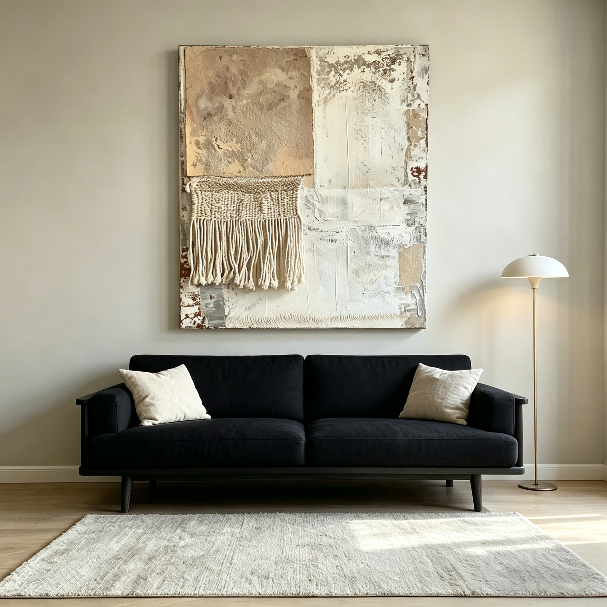 Neutral Textured Wall Art with Fiber Fringe, Handmade Mixed Media Canvas, Boho Minimalist Wall Decor Beige Abstract Art
