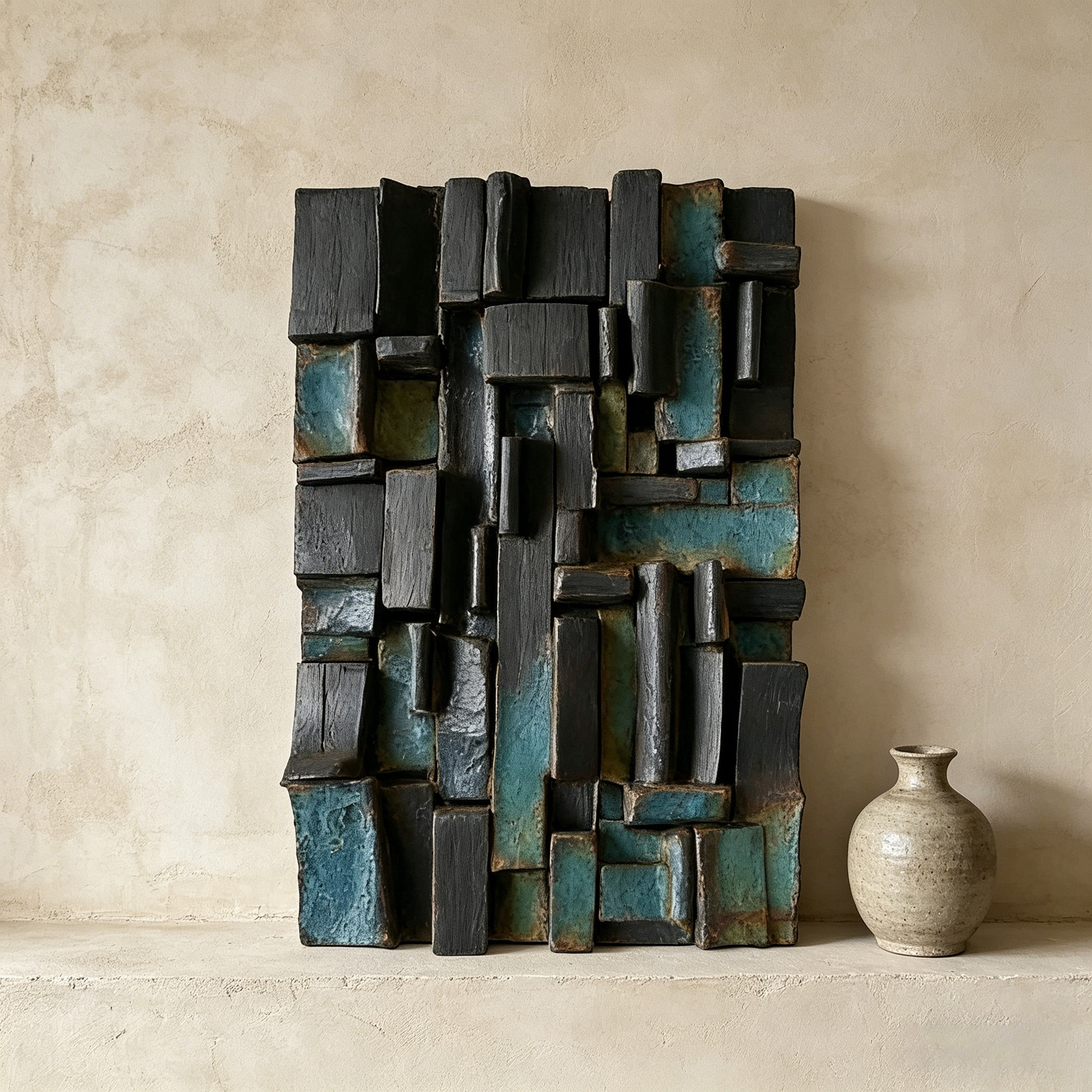 Abstract Ceramic Wall Sculpture, Geometric Wall Art, Brutalist Textured Wall Decor, Modern Handmade Ceramic Art