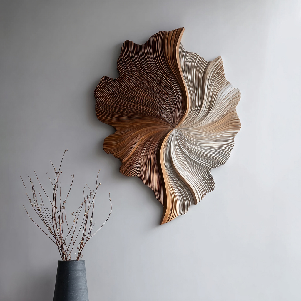 Large 3D Wood Wall Art Sculpture – Modern Organic Leaf Wall Hanging in Neutral Brown & Beige – Abstract Textured Wall Decor for Living Room