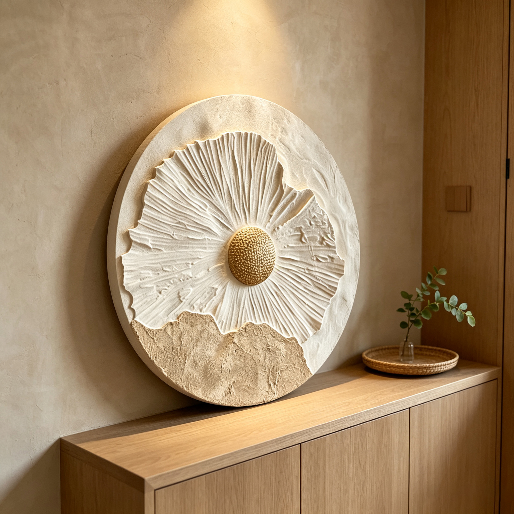 3D Floral Wood Wall Art, Round Botanical Relief Sculpture, Wabi Sabi Wall Decor, Neutral Textured Art, Gold Flower Wall Decor