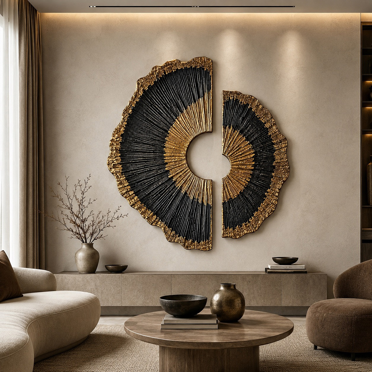 Black Gold Wood Wall Art, 3D Sunburst Wall Sculpture, Organic Modern Abstract Wood Decor, Textured Luxury Statement Wall Art