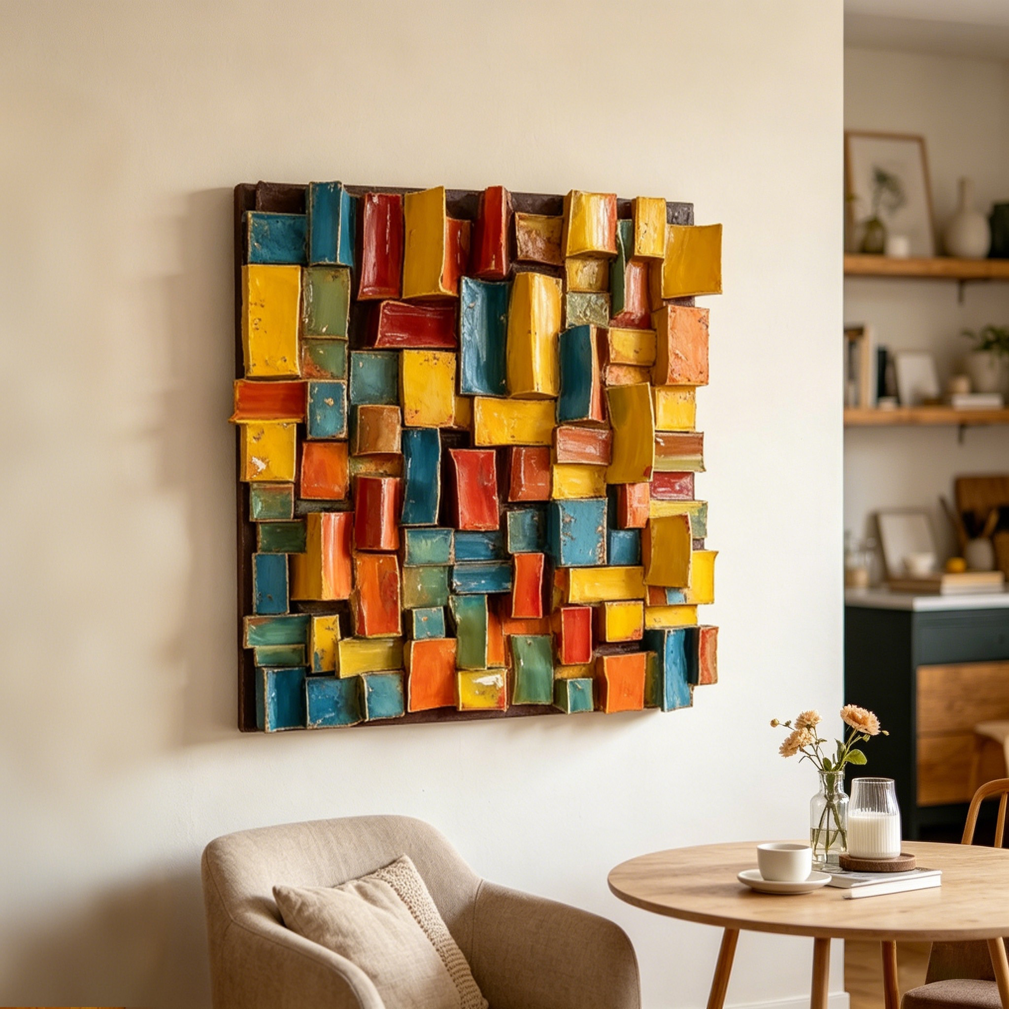 Modern Ceramic Wall Art, Textured Abstract Wall Sculpture, Handmade Colorful Tile Wall Decor, 3D Geometric Wall Hanging, Unique Home Accent