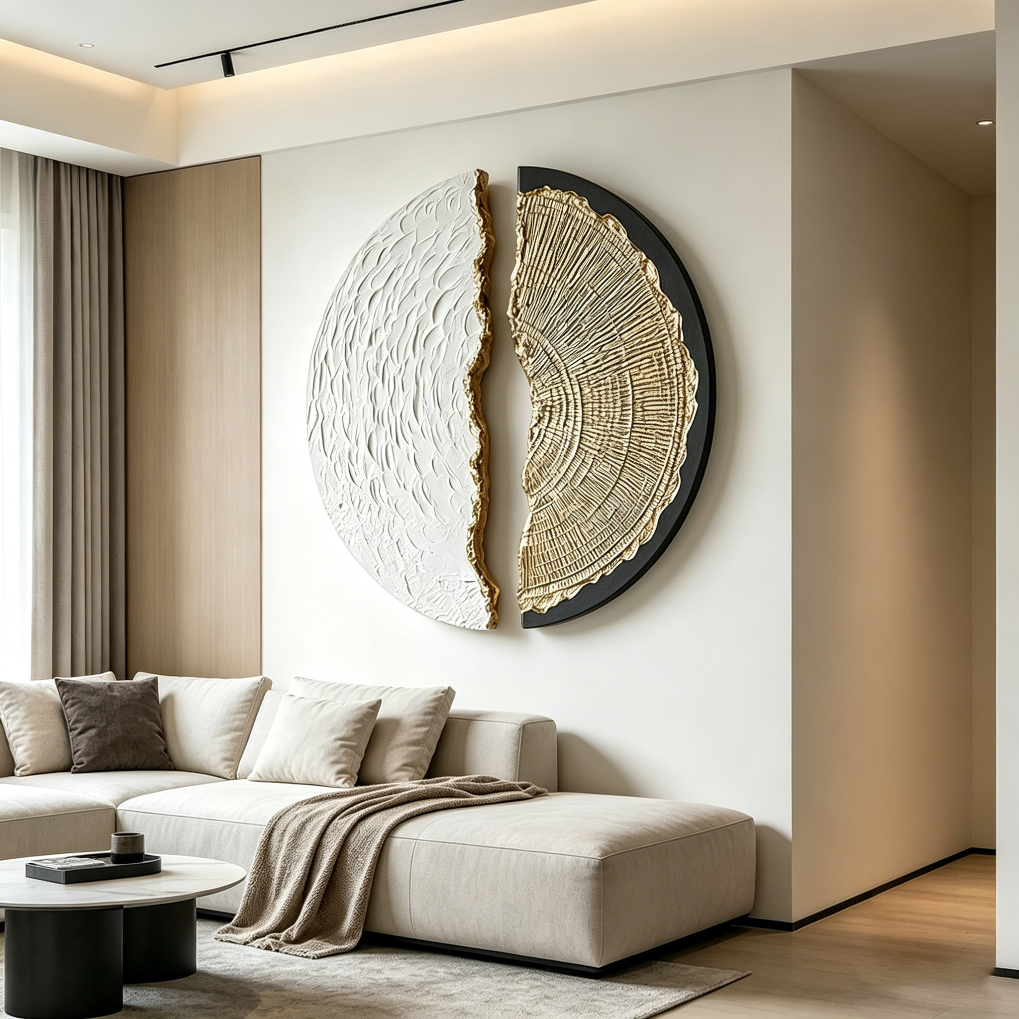 Abstract Wood Wall Art, 3D Half Moon Wood Sculpture, Wabi Sabi Wall Decor, Gold Black Textured Artwork, Modern Luxury Wall Art