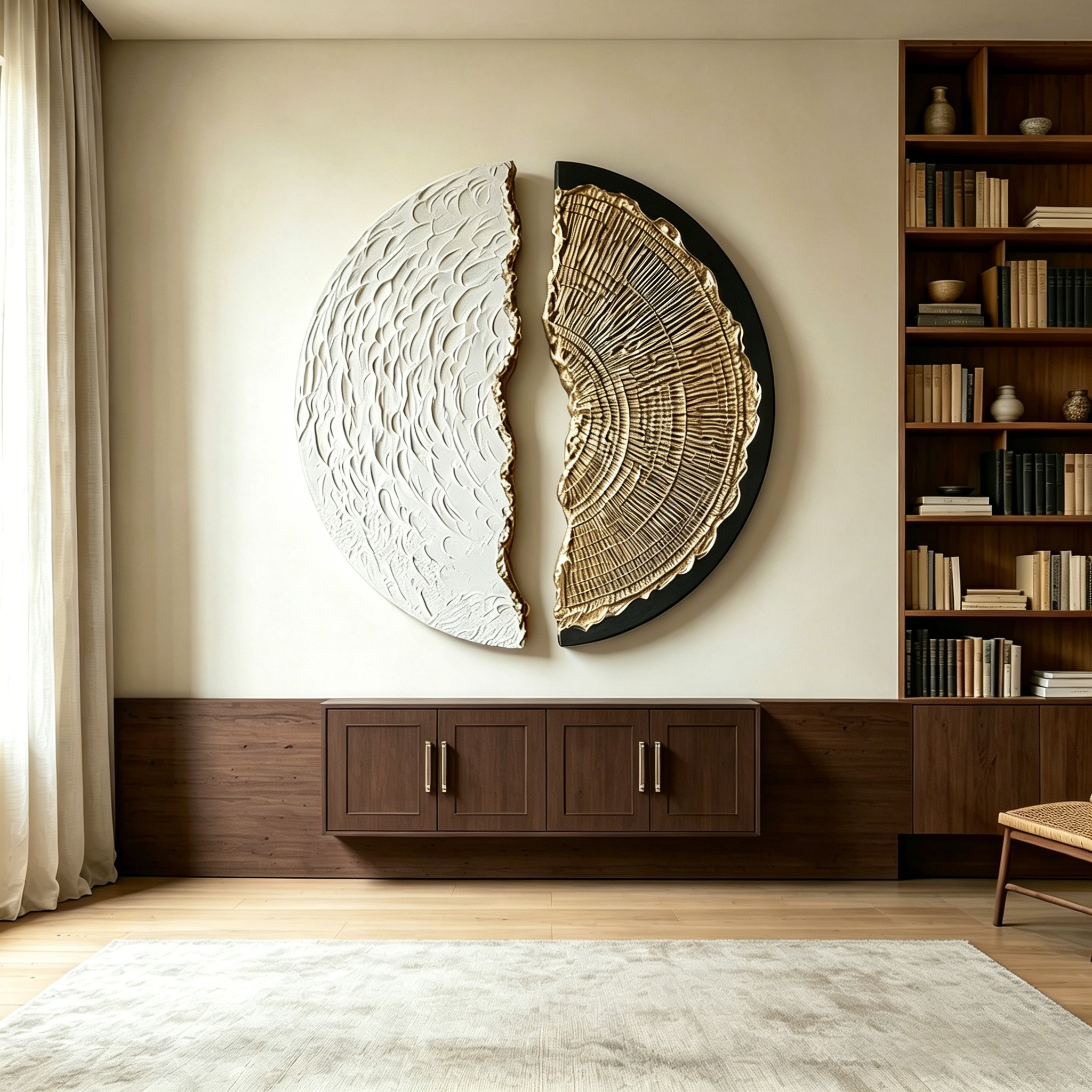 Abstract Wood Wall Art, 3D Half Moon Wood Sculpture, Wabi Sabi Wall Decor, Gold Black Textured Artwork, Modern Luxury Wall Art