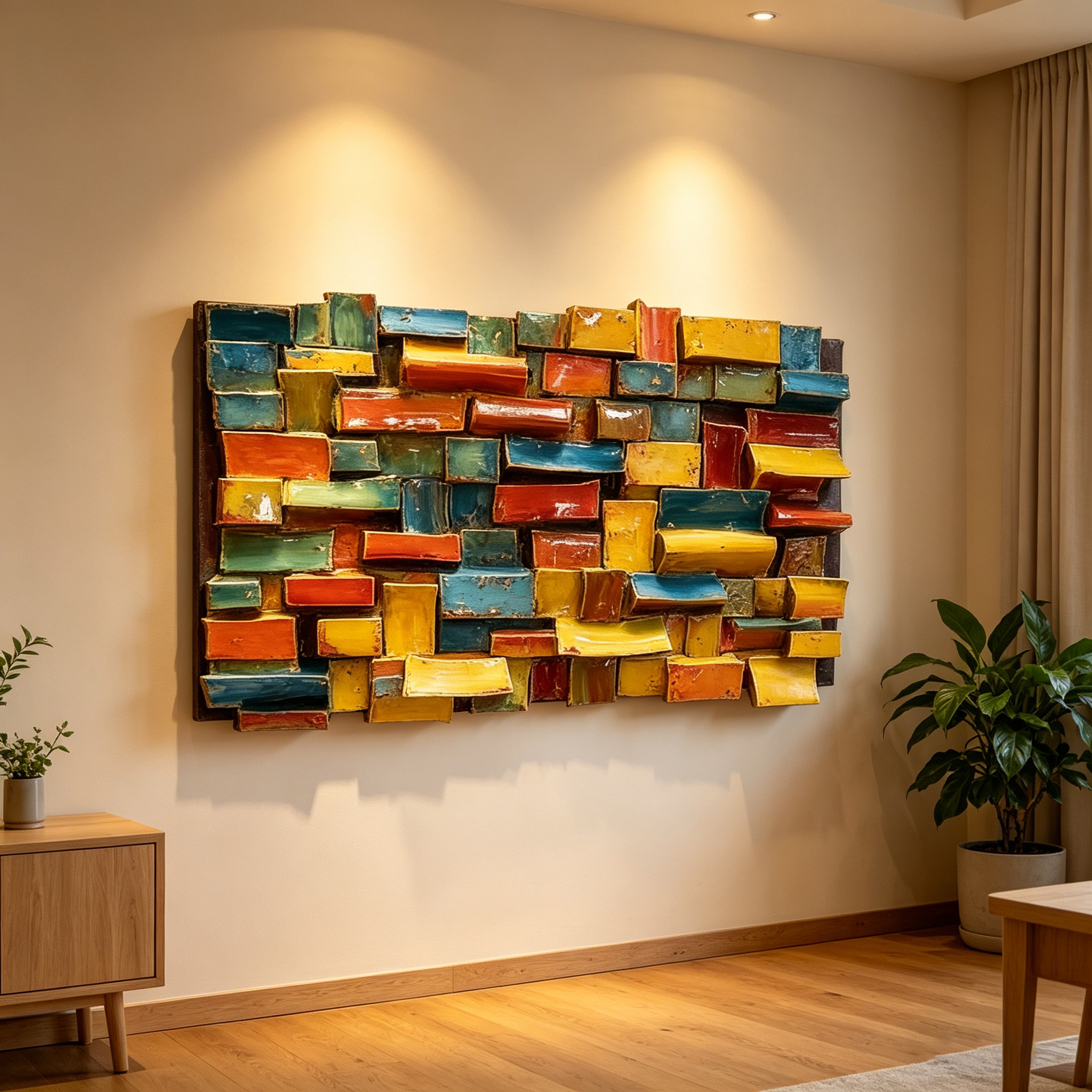 Modern Ceramic Wall Art, Textured Abstract Wall Sculpture, Handmade Colorful Tile Wall Decor, 3D Geometric Wall Hanging, Unique Home Accent