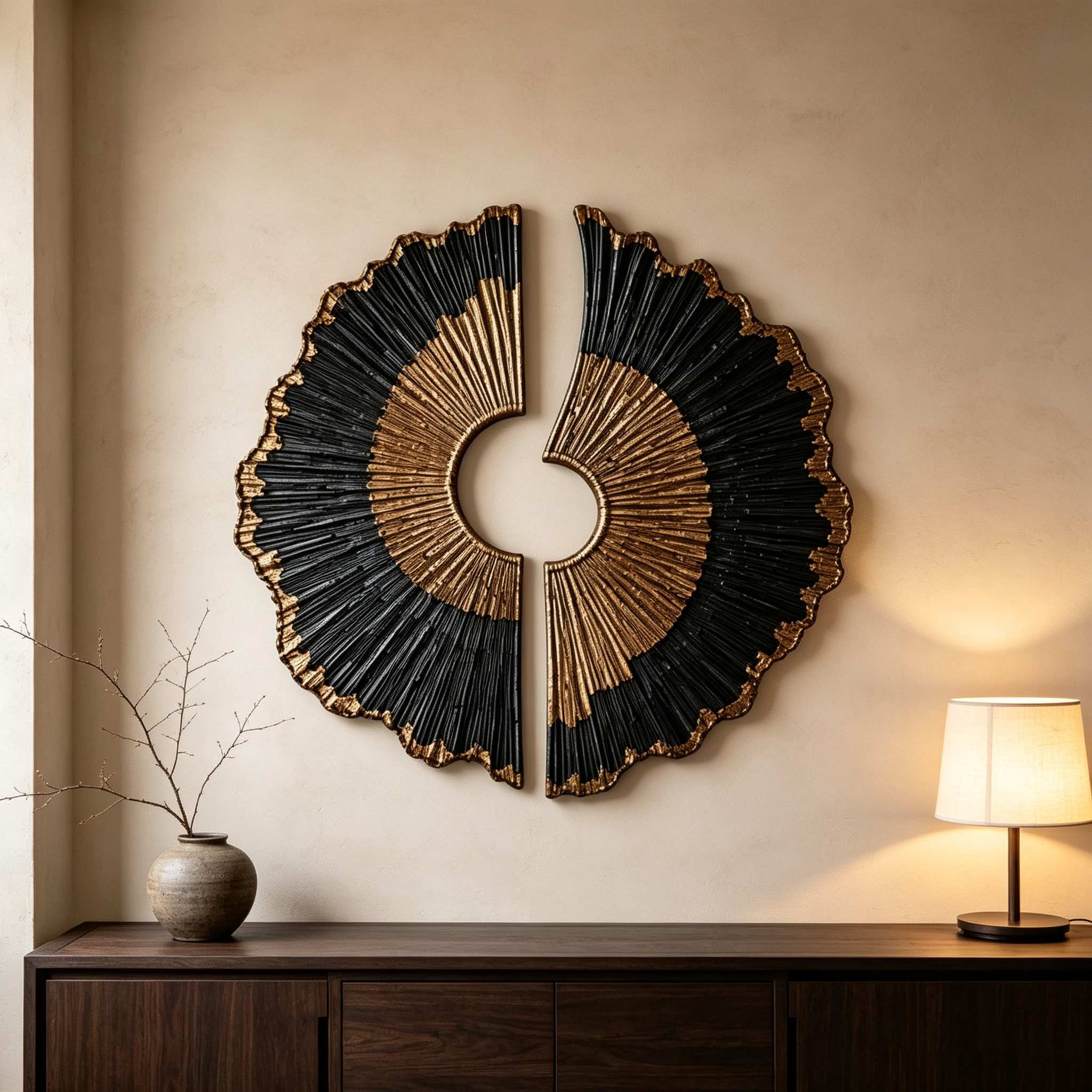 Black Gold Wood Wall Art, 3D Sunburst Wall Sculpture, Abstract Organic Modern Wood Decor, Luxury Textured Statement Wall Art