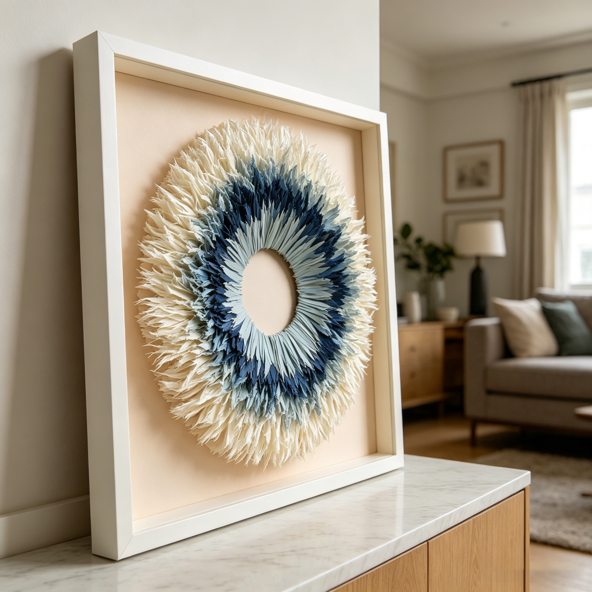 Coastal Paper Wall Art, Blue Ombre Paper Sculpture, Modern Sunburst Wall Decor, Handmade Circular Artwork, Organic Modern Home Decor