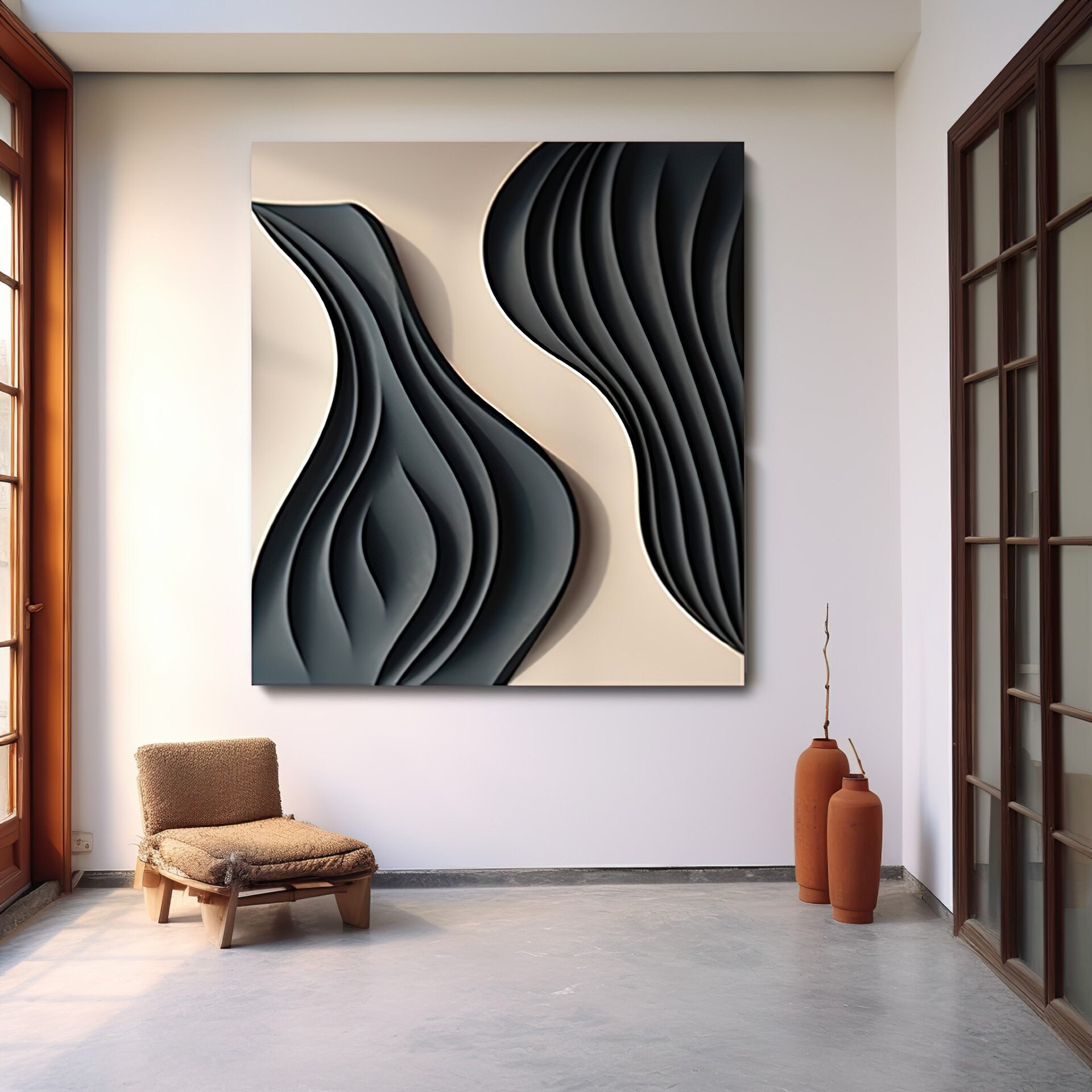 Wave shaped,black and white textured art decor wall- wooden craft art- 3D vision