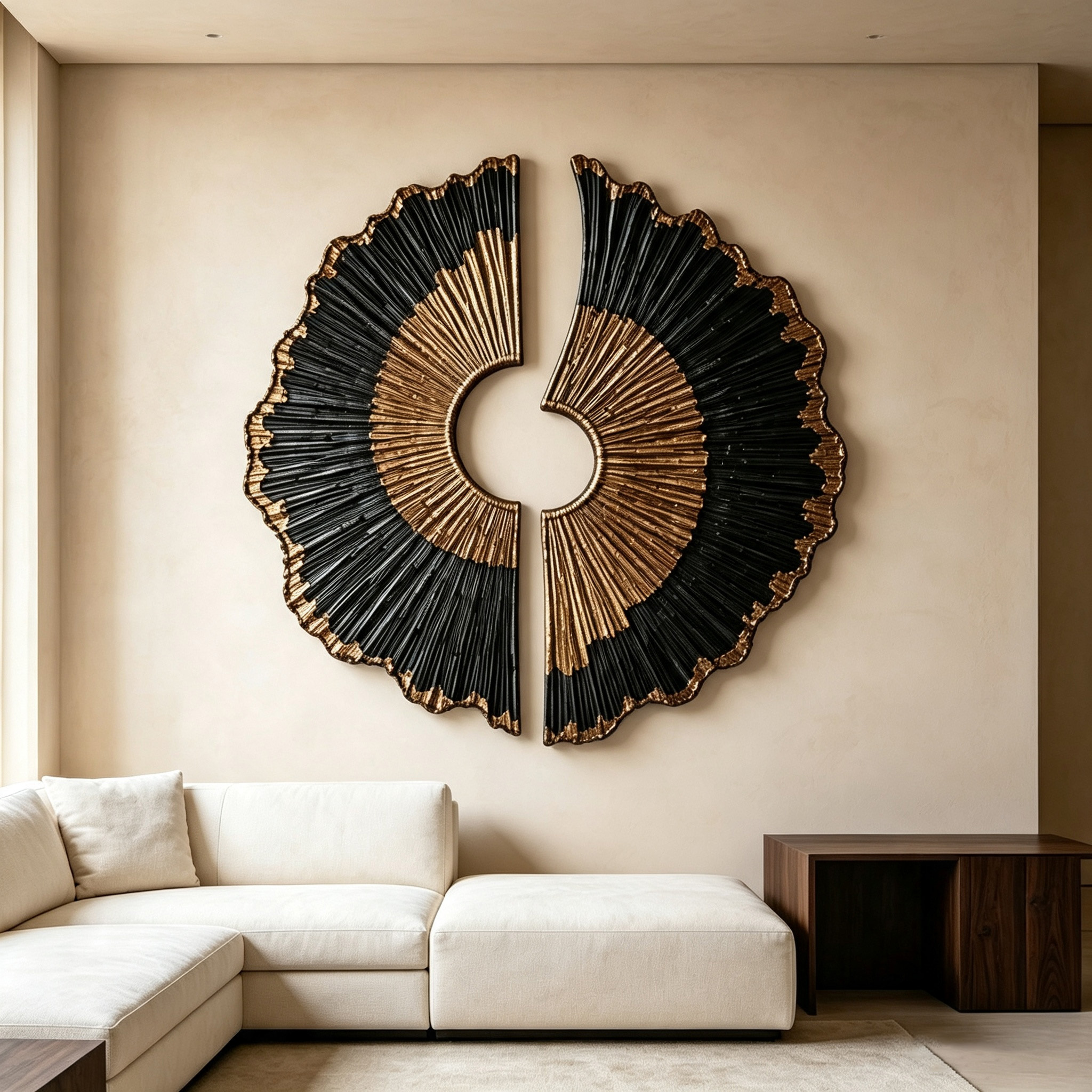 Black Gold Wood Wall Art, 3D Sunburst Wall Sculpture, Abstract Organic Modern Wood Decor, Luxury Textured Statement Wall Art