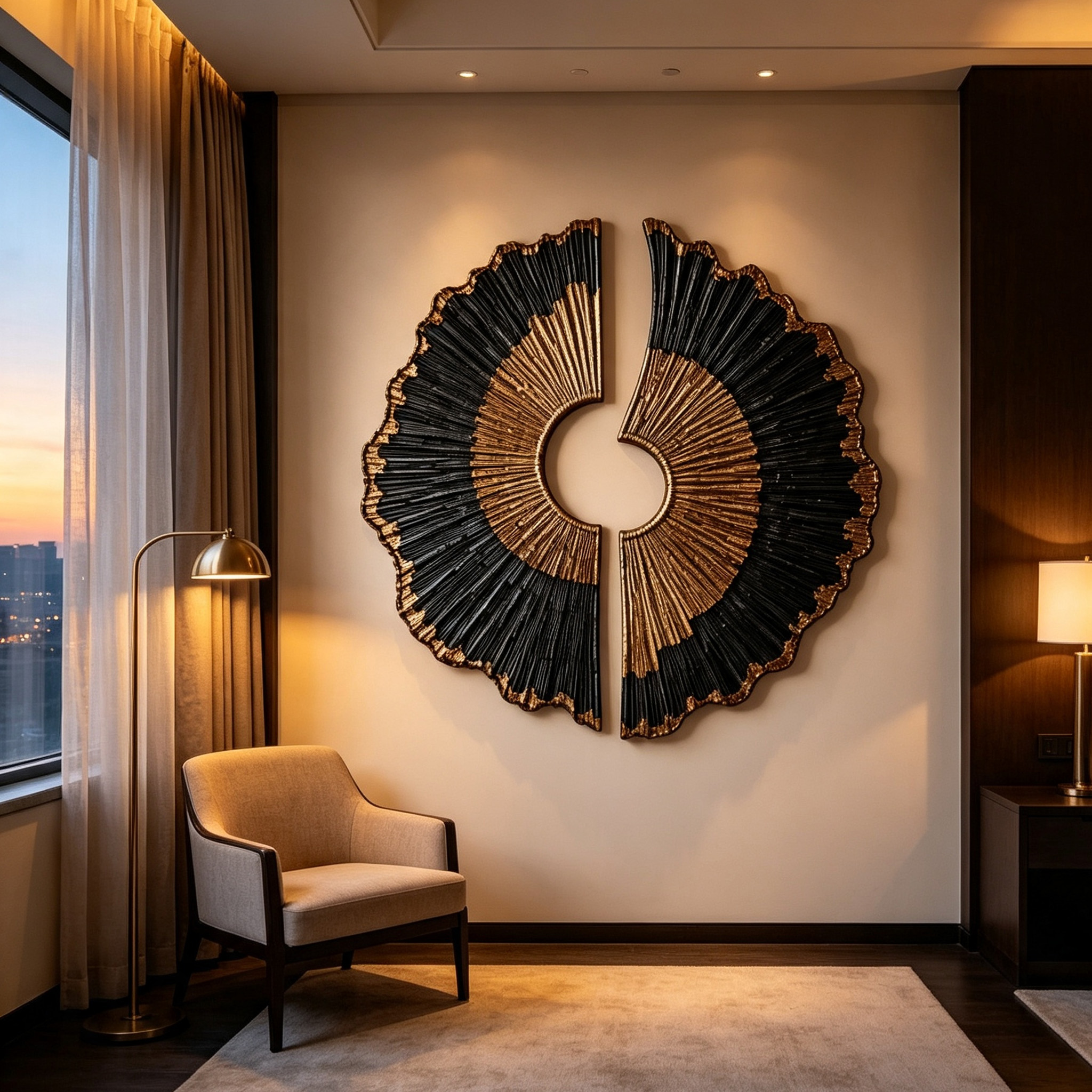 Black Gold Wood Wall Art, 3D Sunburst Wall Sculpture, Abstract Organic Modern Wood Decor, Luxury Textured Statement Wall Art