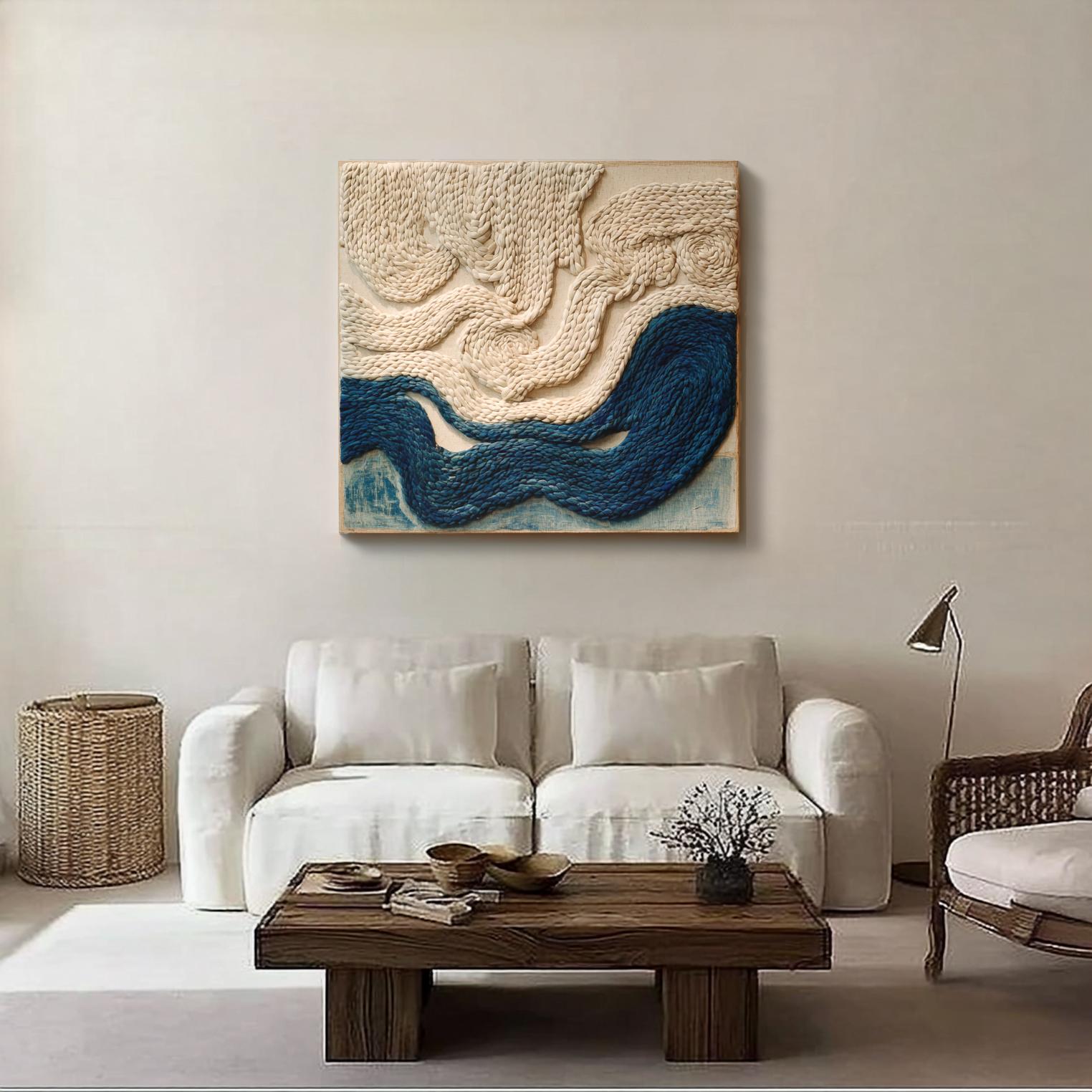 Blue & Cream Woven Fiber Art Wall Hanging: Modern Boho Decor
