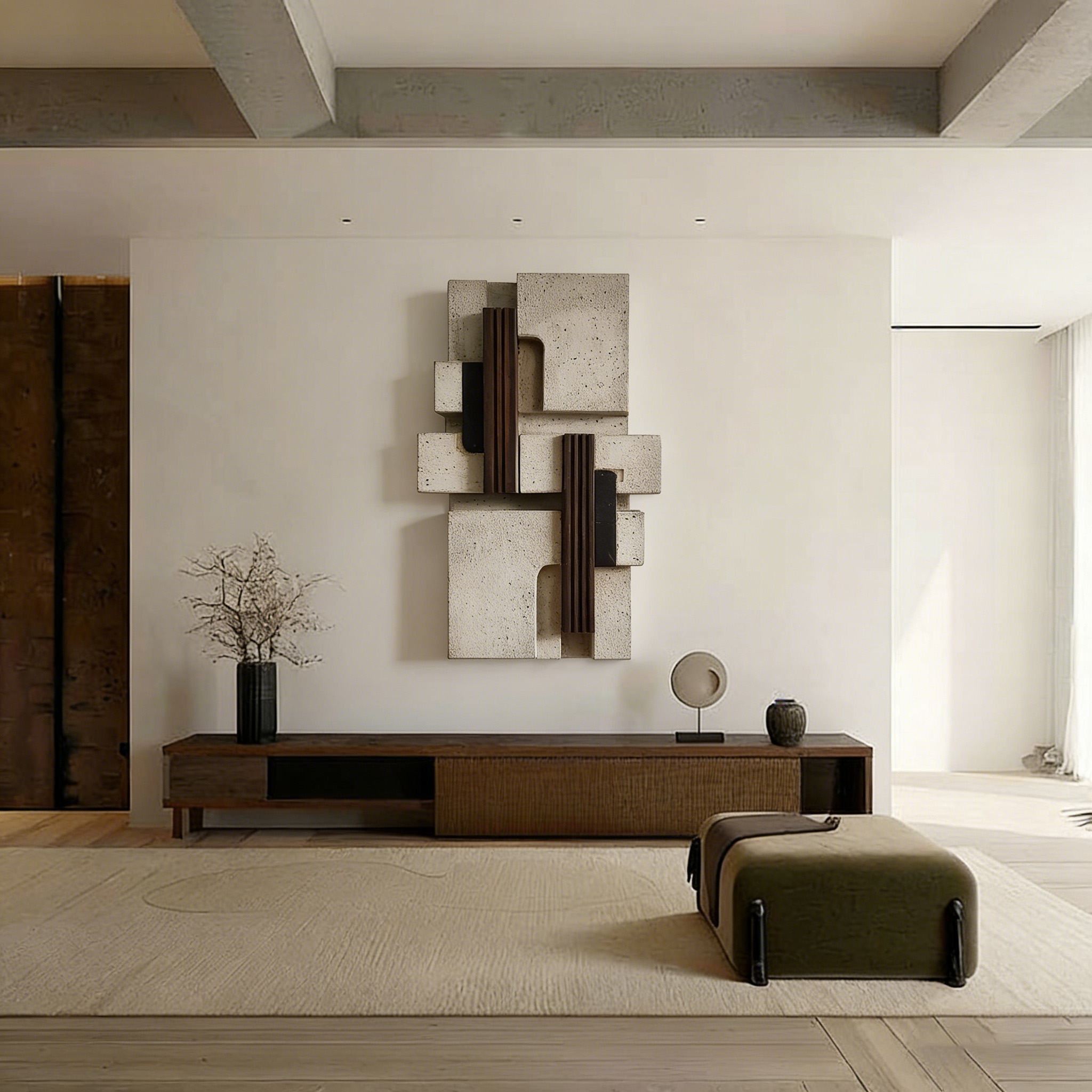 Abstract Wood Wall Art, Modern Minimalist 3D Geometric Wall Sculpture, Neutral Home Decor, Large Wooden Wall Panel,Living Room Statement Art