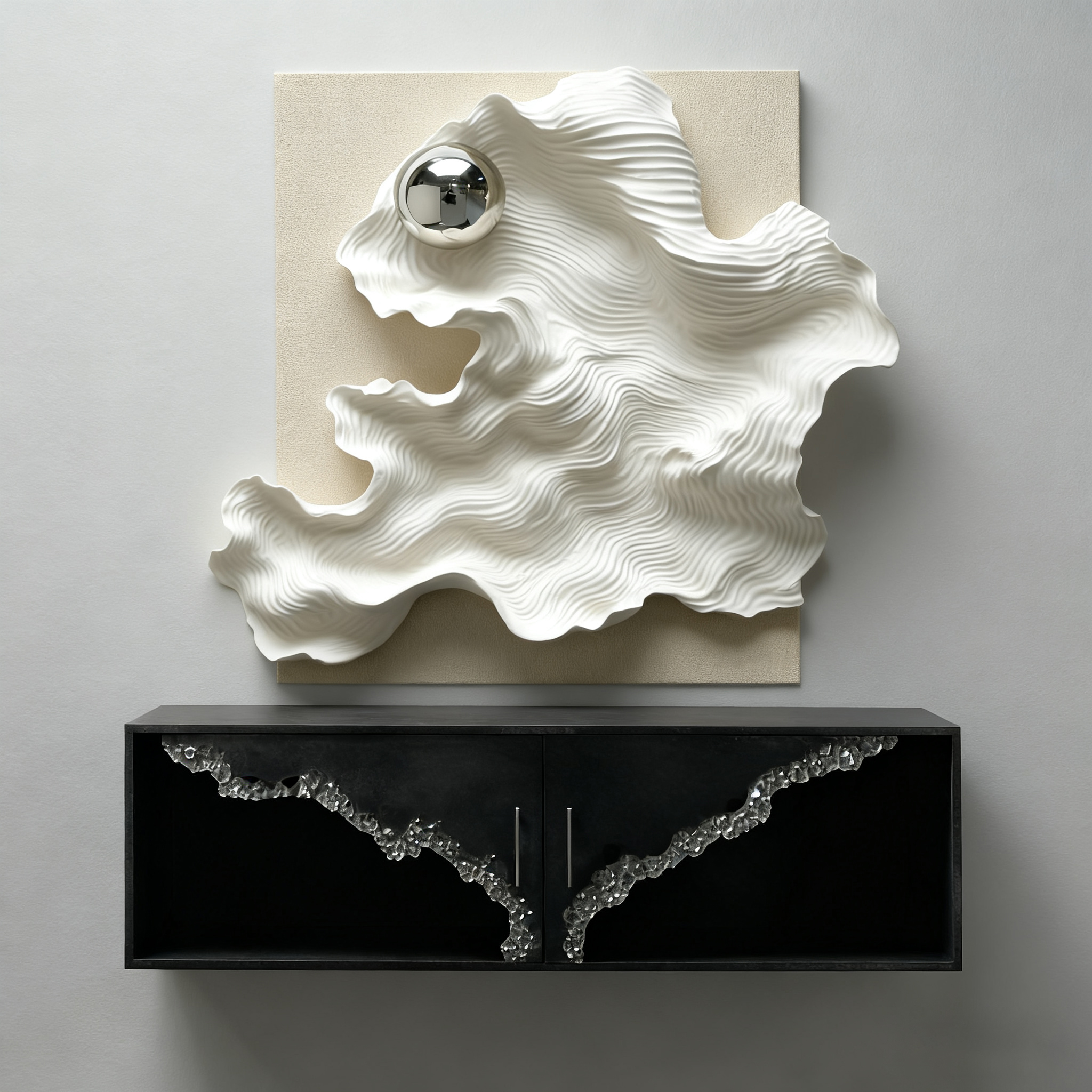 Abstract 3D Wood Wall Art, White Organic Wave Sculpture with Silver Sphere, Modern Minimalist Textured Wall Decor for Living Room