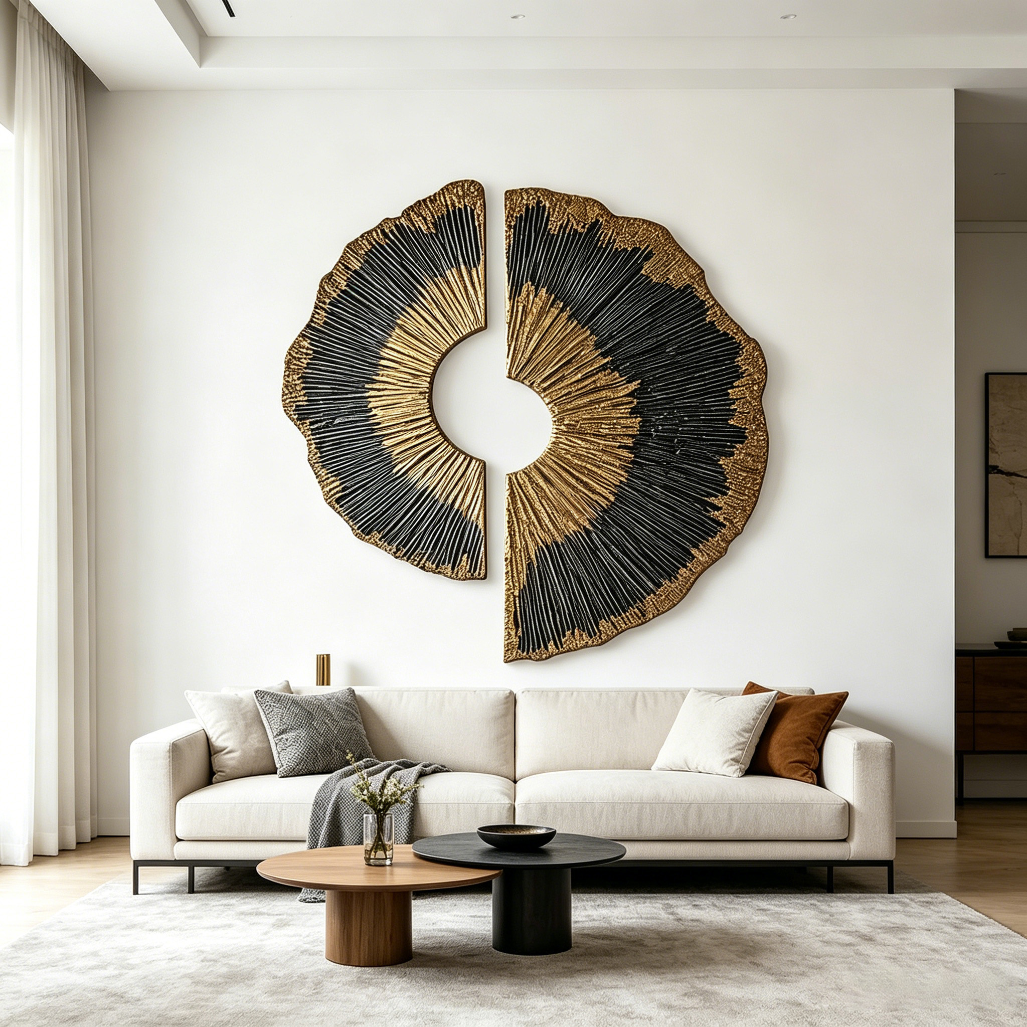 Large Wood Wall Art, 3D Gold Black Wood Sculpture, Abstract Round Wall Decor, Wabi Sabi Textured Artwork, Luxury Modern Wall Art