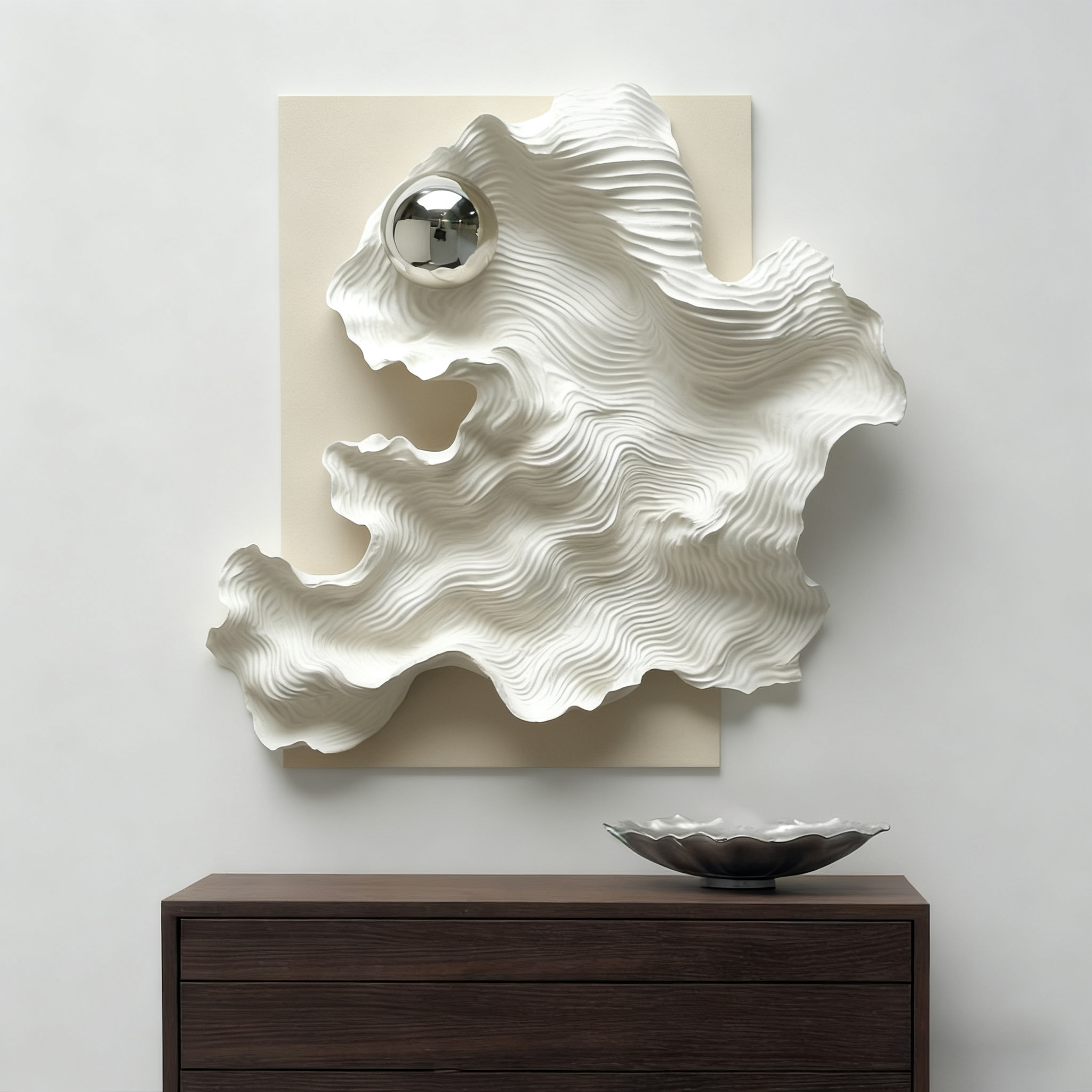 Abstract 3D Wood Wall Art, White Organic Wave Sculpture with Silver Sphere, Modern Minimalist Textured Wall Decor for Living Room