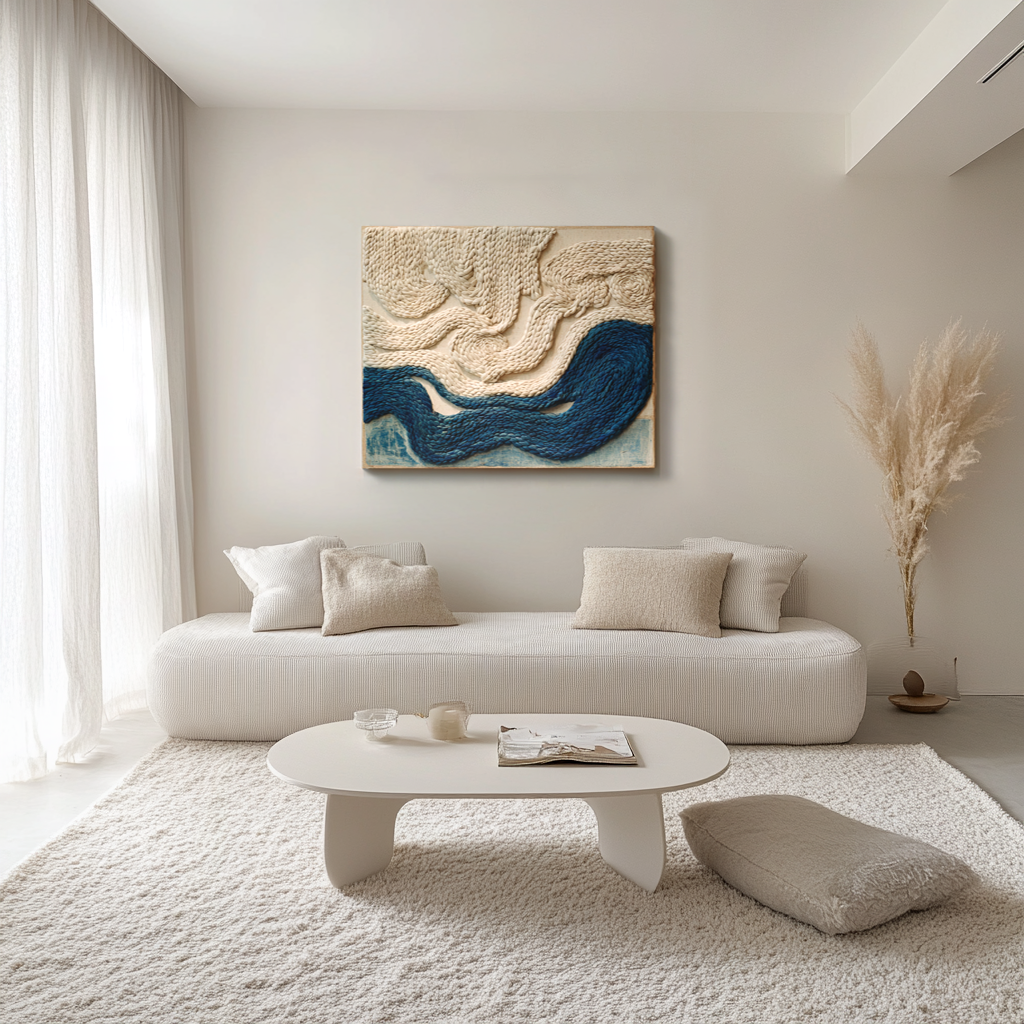 Blue & Cream Woven Fiber Art Wall Hanging: Modern Boho Decor