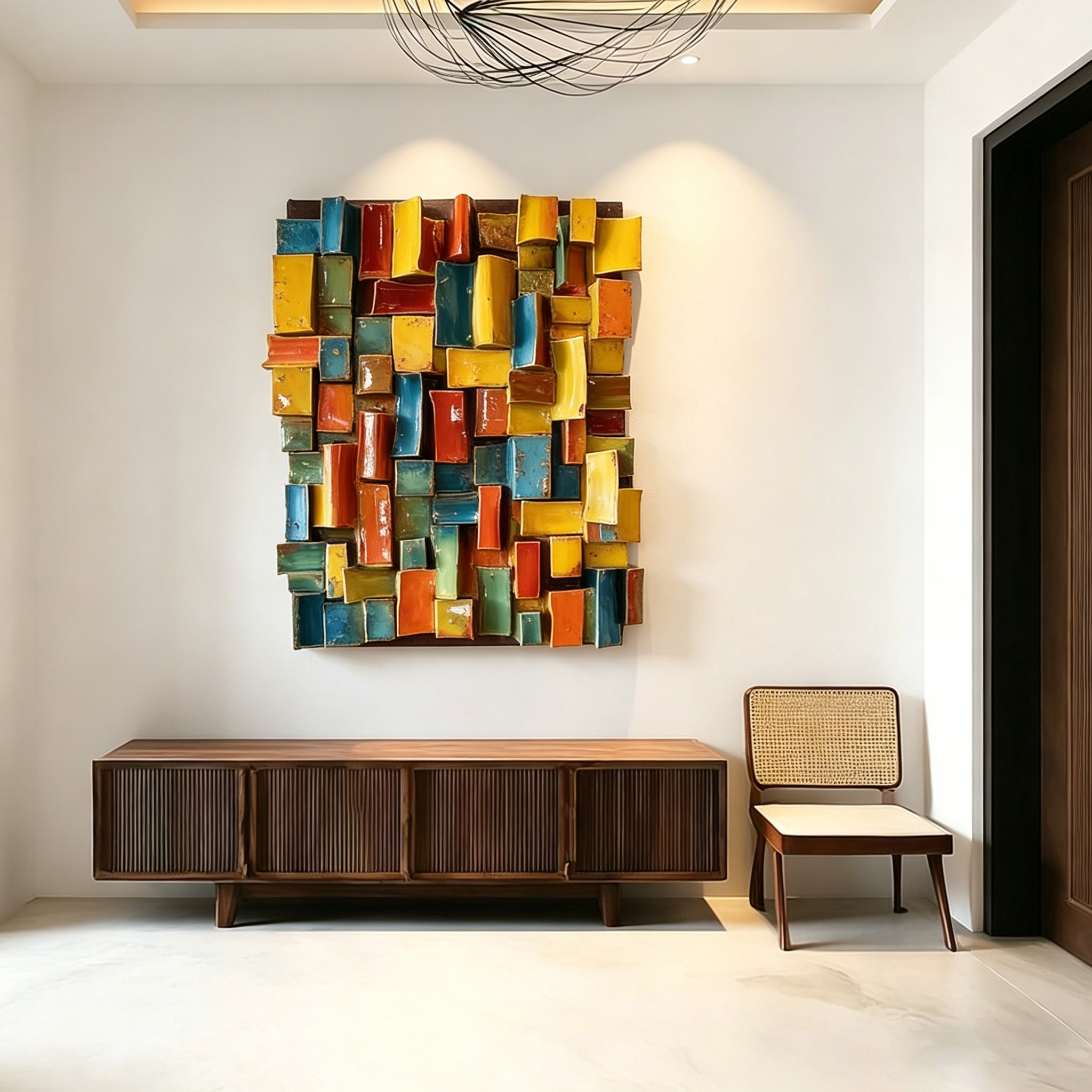 Modern Ceramic Wall Art, Textured Abstract Wall Sculpture, Handmade Colorful Tile Wall Decor, 3D Geometric Wall Hanging, Unique Home Accent
